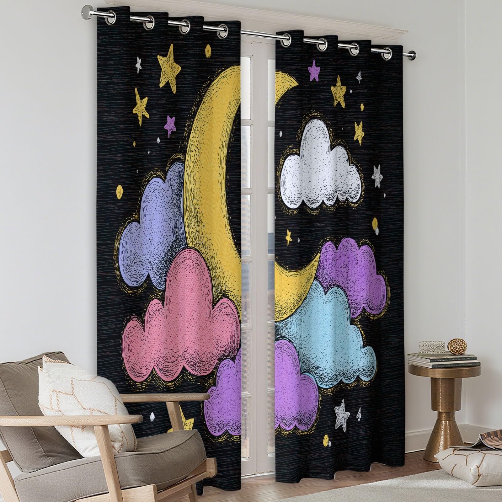Rideau Occultant Noir, Rideaux Thermique Isolant Doux Anti UV - Draperies Intérieurs Ciel Étoilé Cartoon Nuages Lune pour Salon Chambre Décoration de Fenêtre 110L x 215H cm Lot de 2
