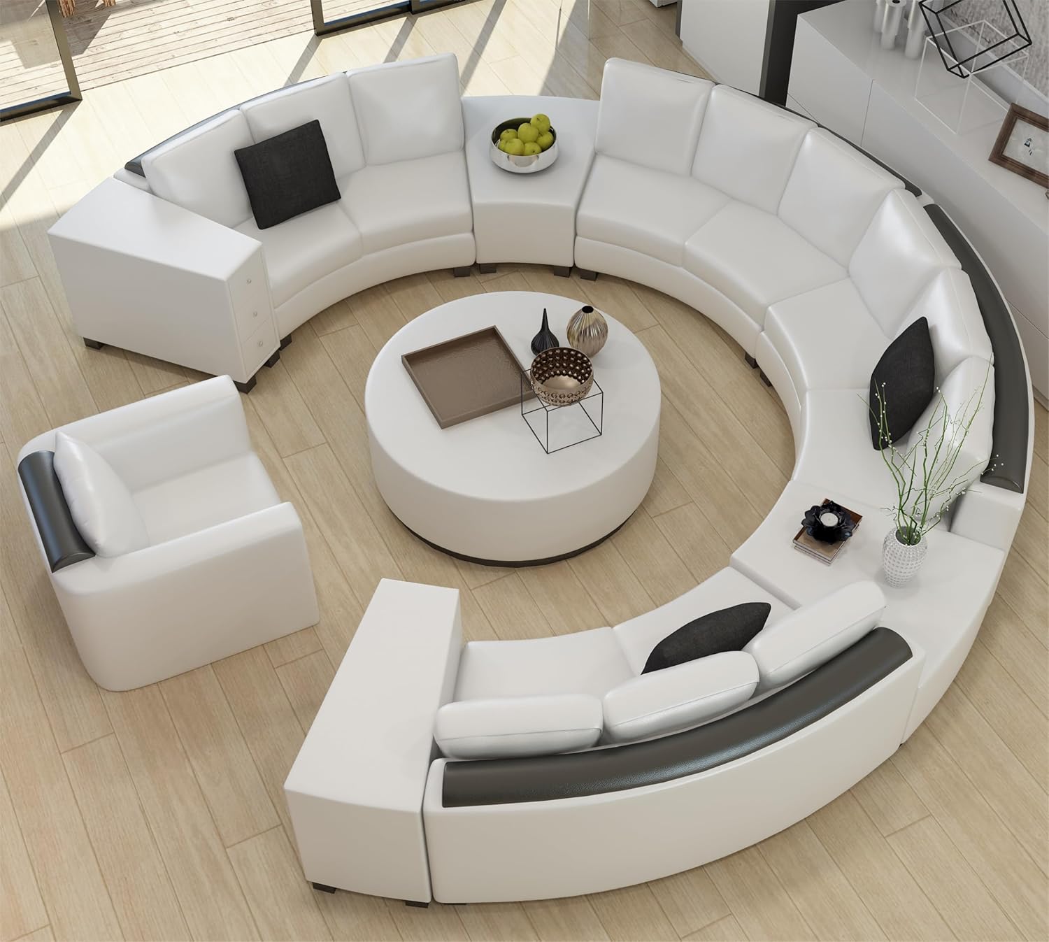 Modular Round Leather Sofa for Living Room, rearrangeable Curved Design,Modern Oversized 157-inch Circular Shape Couch,White Faux Leather Upholstery Furniture Set