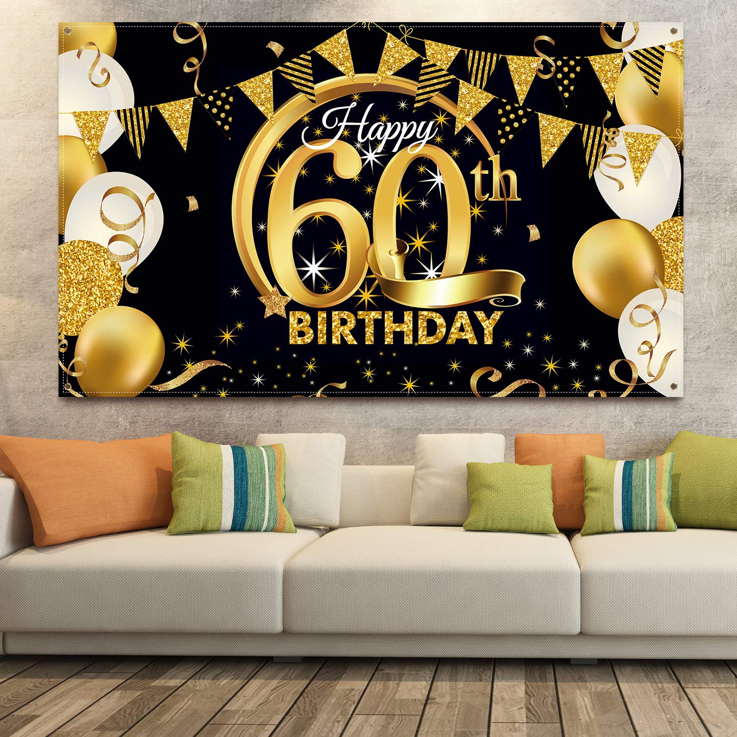 Bannière 75 Ans Anniversaire - Toile Fond Photo, Noir Et Or Bannière 180x120cm Polyester