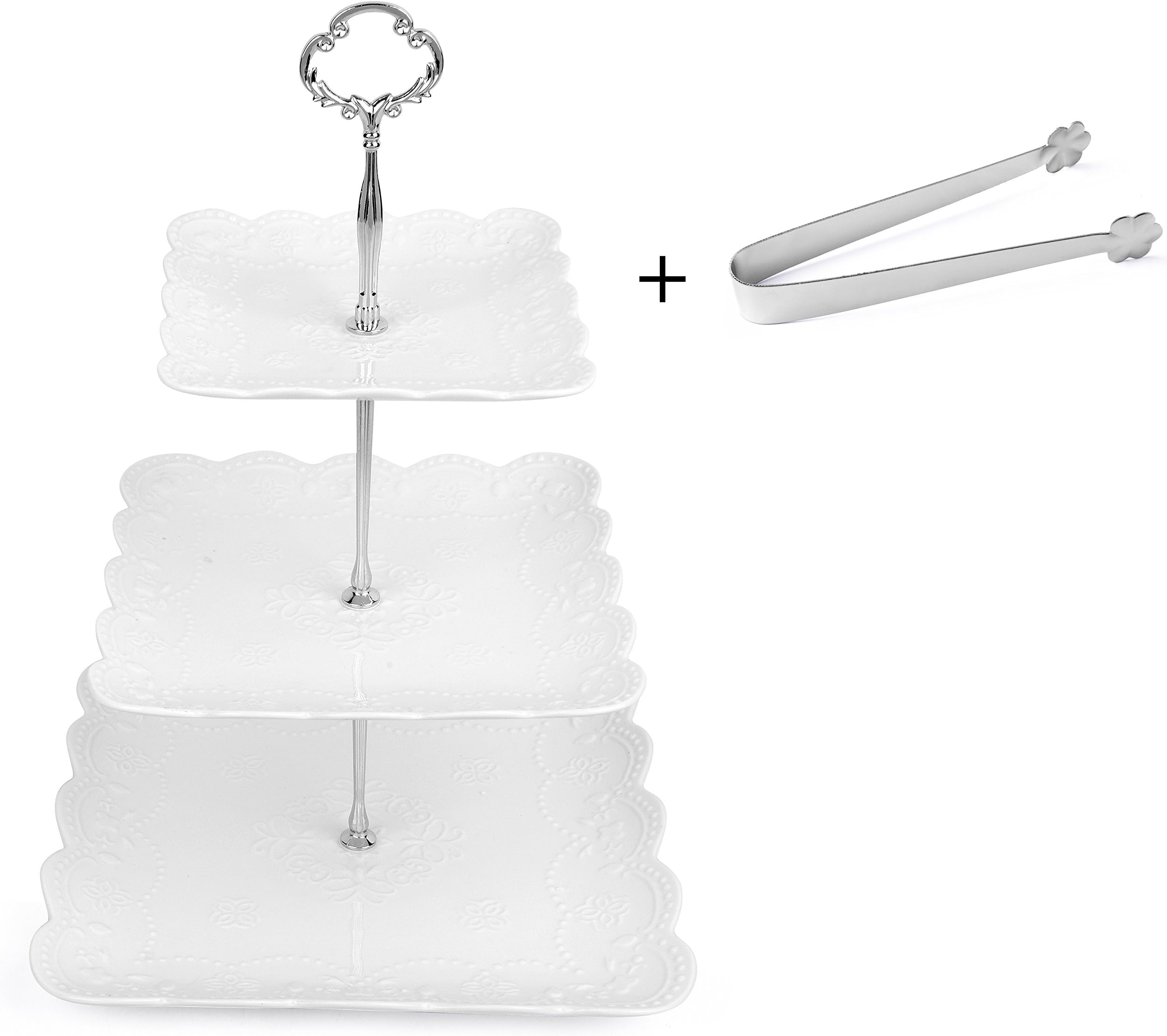 3 Tier Square Porcelain Cake Stand with Sugar Tongs - Party Food Server Display Set - Three Tier Dessert Stand - Perfect for your Tea Party, Baby Shower and Dessert Table - (White)