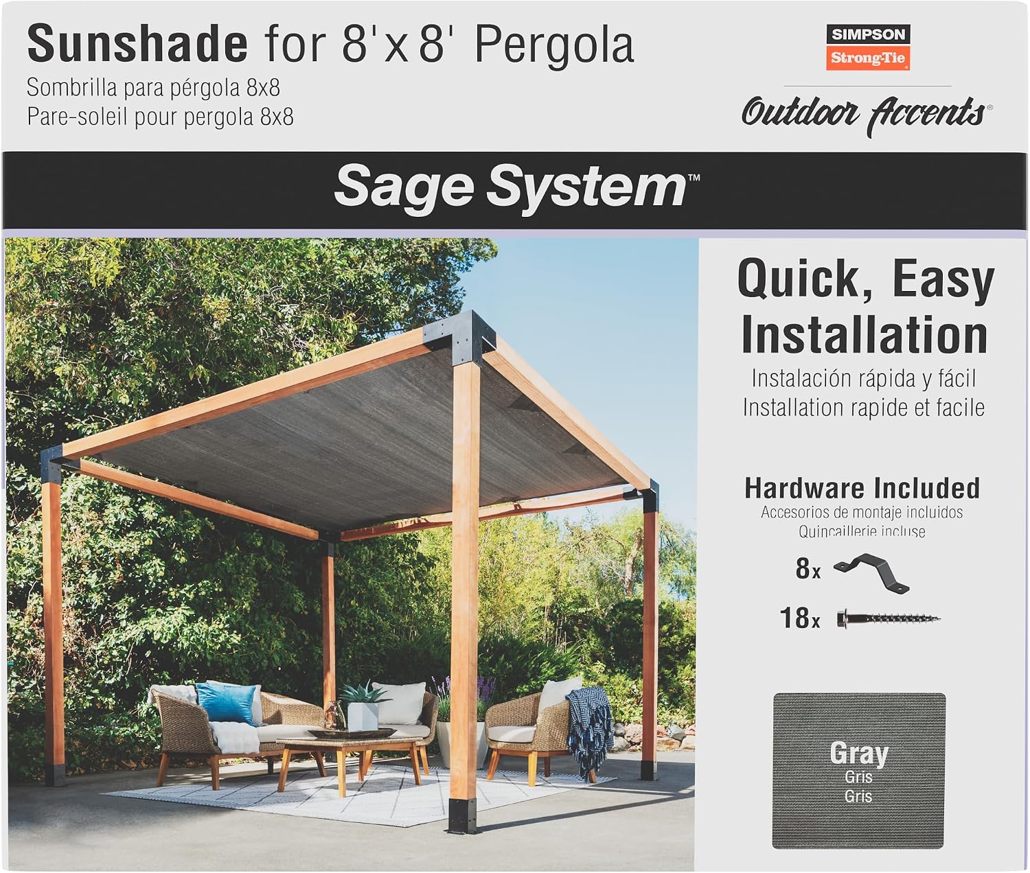 Simpson Strong-Tie SAGE-SHADE8X8G Outdoor Accents Sage System Sunshade for 8 ft. x 8 ft. Pergola, Heavy-Duty HDPE Fabric, Hardware and Fasteners Included, Gray, (Each)