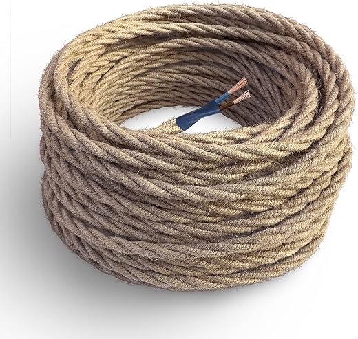 Amarcords – Textilkabel für Lampen JUTE, geflochten, Jute, 10 Meter, mit Erdung 3×0,75 – Stoffkabel mit farbigem vintage Stoff überzogen für…