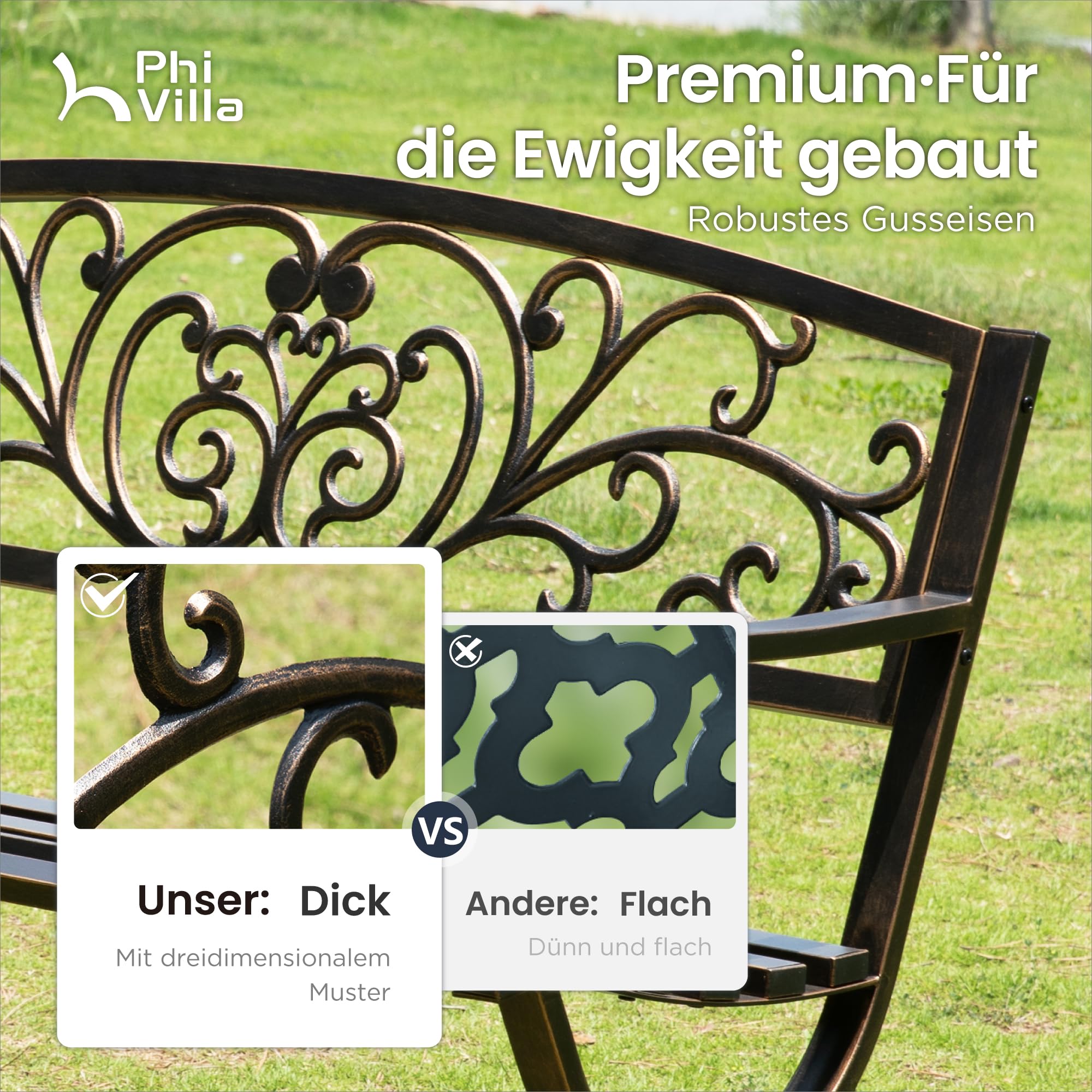 PHI VILLA Gartenbank Metall Rostfrei Rückenlehne aus Gusseisen Stahlrahmen 2-3 Sitzer Bank Outdoor mit Floralem Design für Park, Garten und Terrasse Bronze