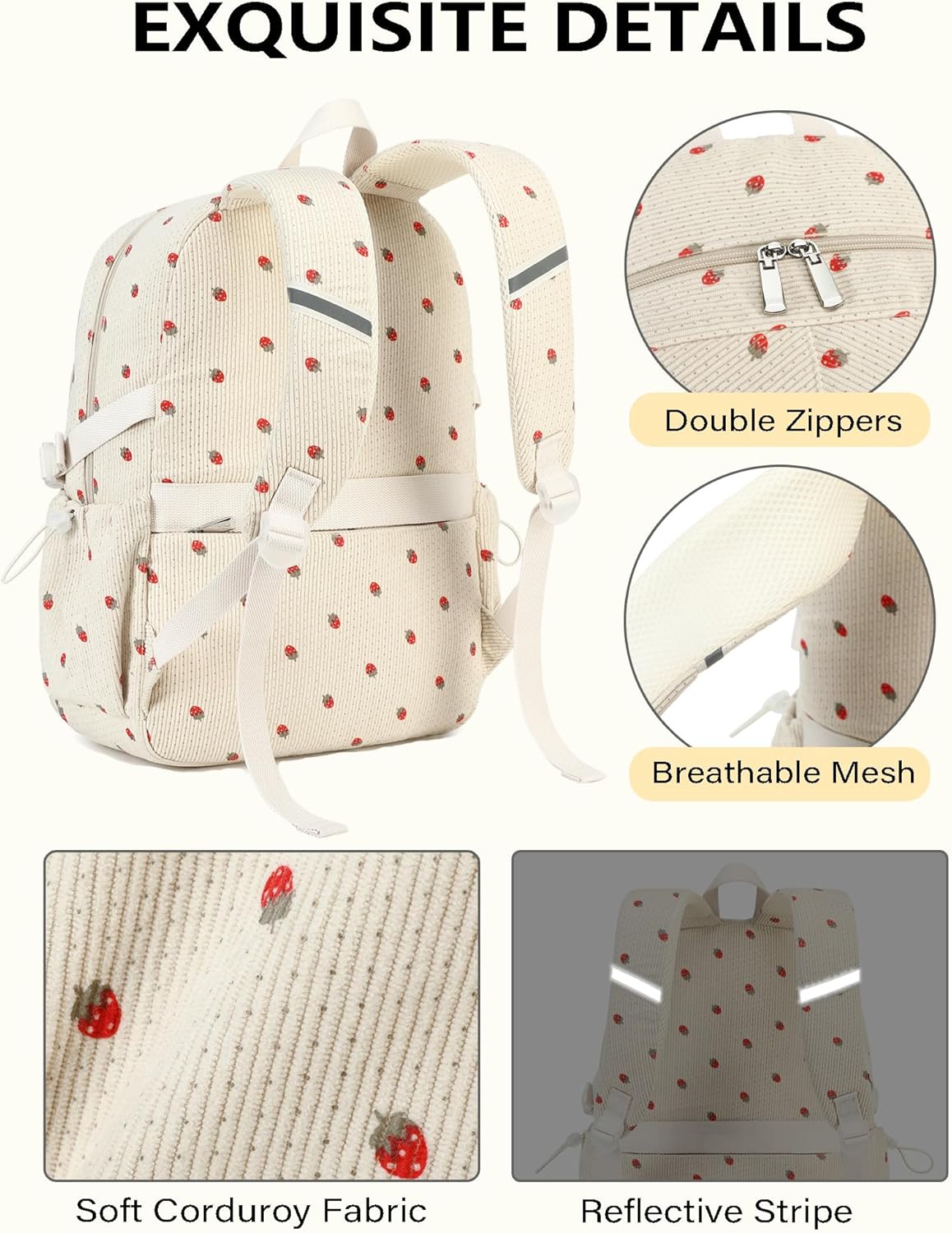 Backpack for Girls Big Student Corduroy Laptop Backpack for College Kids Elementary Middle High School Bag Anti Theft Bookbag Travel Daypack Womens(Corduroy Beige Strawberries)