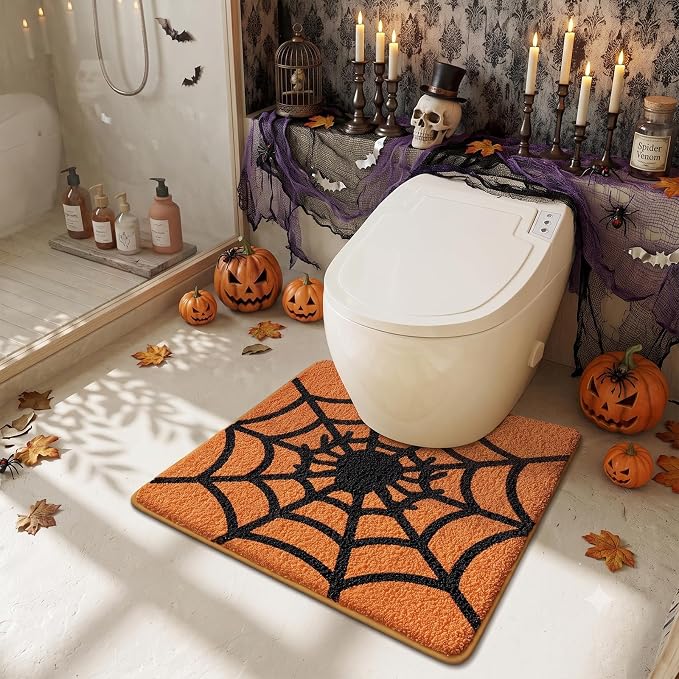 Halloween Spider Web Toilet Rug, Soft Non-Slip U-Shaped Bathroom Contour Mat with Cobweb, Ultra Absorbent Plush Halloween Decor Toilet Floor Mat, Fall Holiday Bath Rug 20x22 Inch (Orange Web)