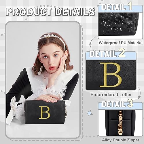 Miniatura 3 de Bolsa de Maquillaje con Inicial de Regalo Personalizado, Bolsa de Cosméticos Preppy con Letra Bordada Dorada, Rellenos de Calcetín para Chicas Negro