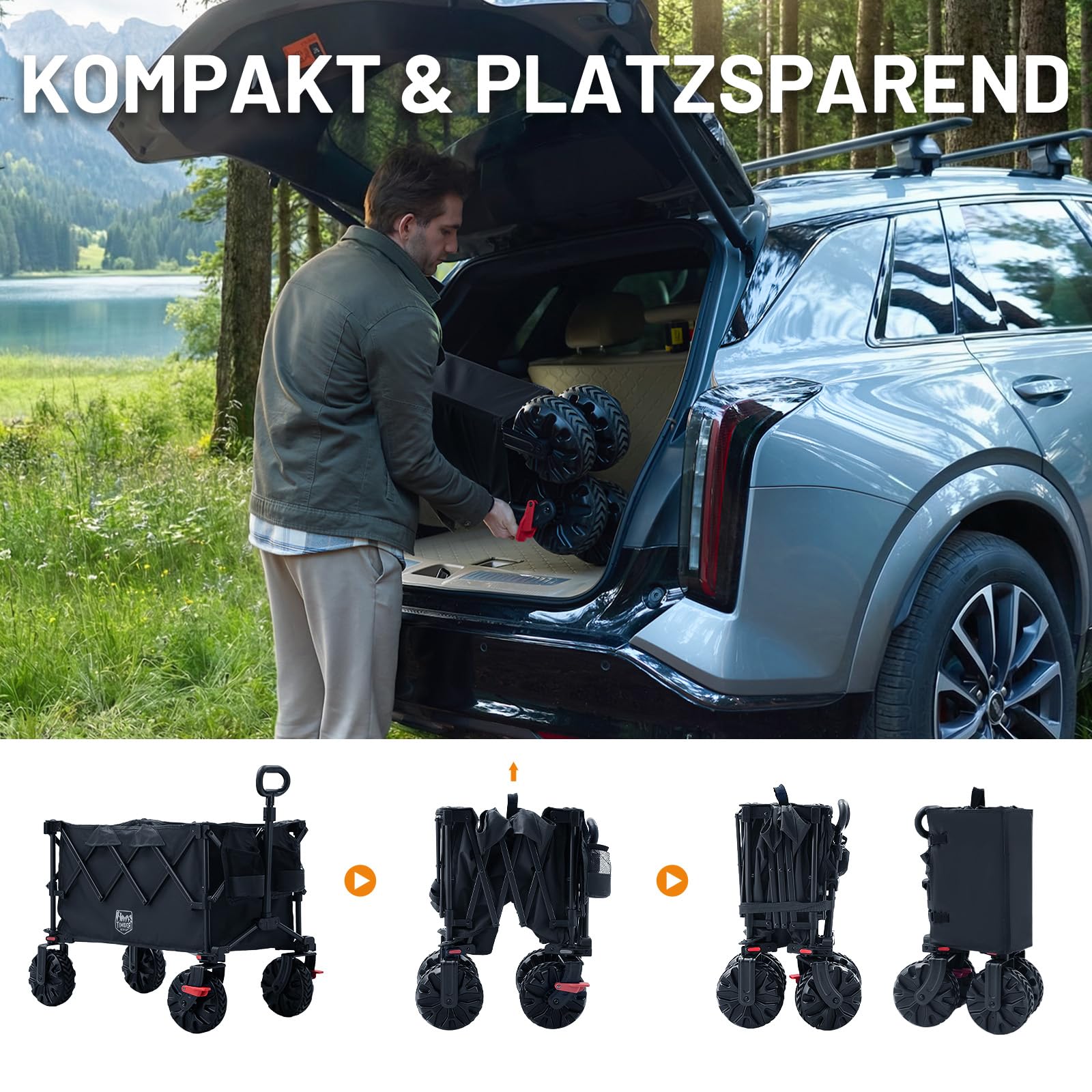 TIMBER RIDGE XXL Bollerwagen Faltbar 250L Breite Reifen mit Bremsen Strandwagen Klappbar 150KG Belastbar mit Getränkehalter All Terrain Transportwagen für Camping Einkaufen Garten