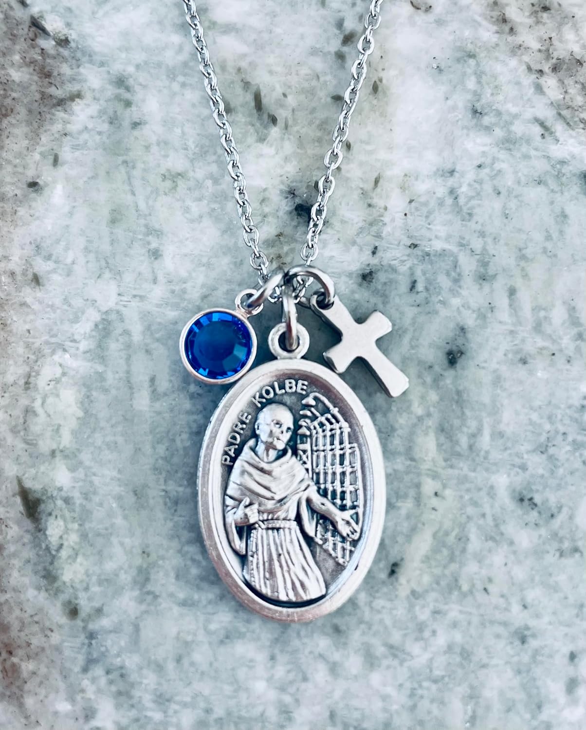 Padre Kolbe Necklace – Silver Saint Medal with Cross and Birthstone – Patron of Prisoners and Addiction Recovery – Stainless Steel Chain – Inspirational Catholic Gift for Men and Women - Image 3