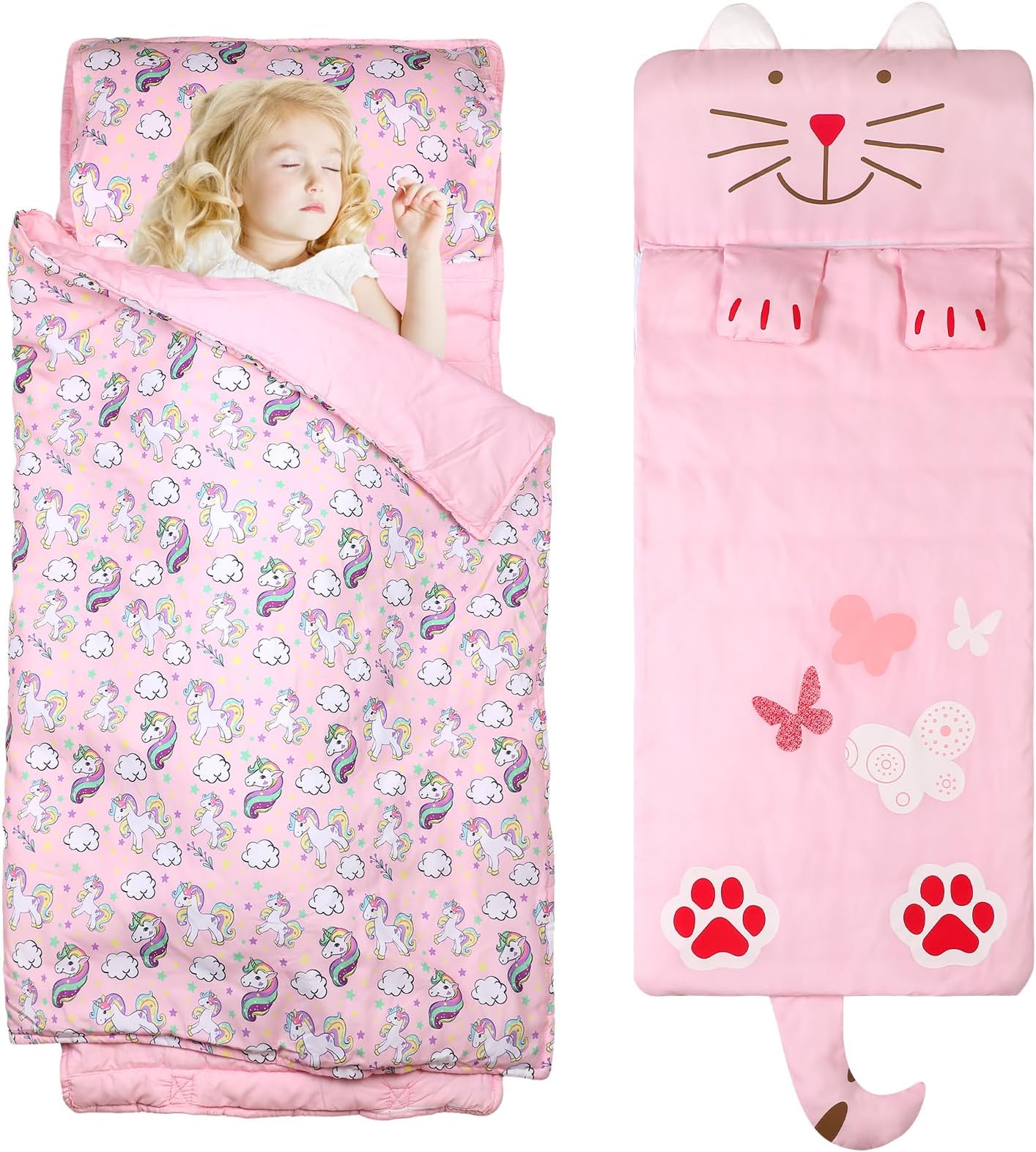 2 Packs Toddler Nap Mat for Girls, Kids Nap Mat for Preschool, Daycare with Removable Pillow and Soft Cotton Blanket, Lightweight, Soft, Pink with Lovely Unicorn and Cat