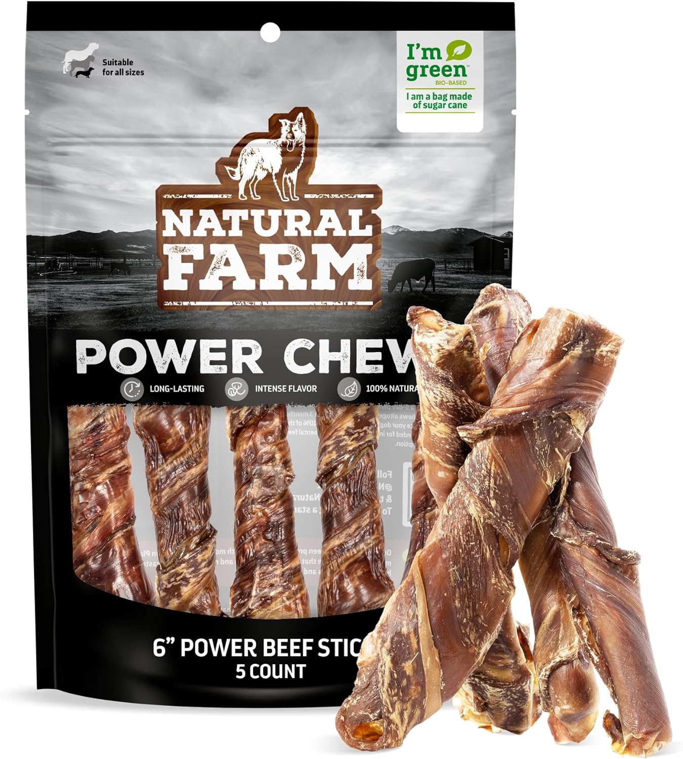 Natural Farm Power Beef Sticks Dog Chews (6”, 5-Pack), 2-in-1 Power Chews: Premium Bully Cheek Wrapped in Beef Esophagus for Double Chewing Time, Promotes Dental Health, Great for Medium Dogs