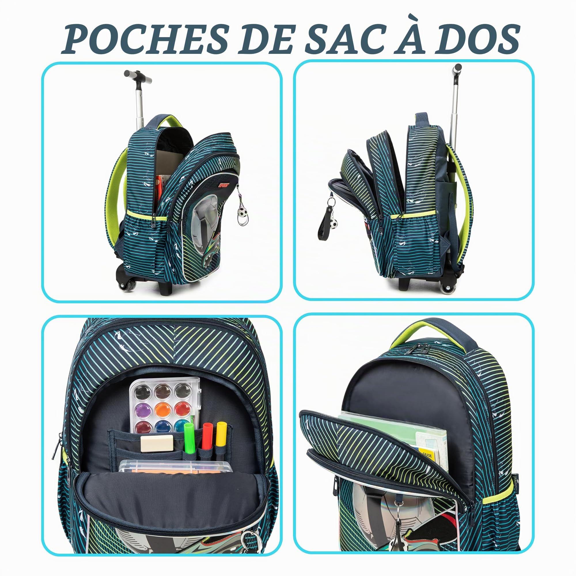 HTgroce Cartable a Roulette Garçon Primaire, Cartables Scolaire Trolley Bag Sac à Dos avec roulettes Léger CP Cartable Ensemble de Sac de Voyage pour L'école, Le Voyage, la randonnée.