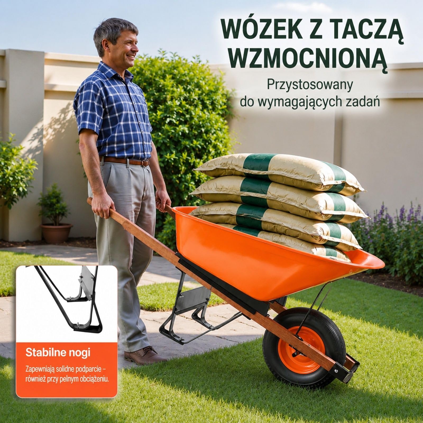 Jednokołowa taczka ogrodowa z metalowym uchwytem, żelazną konstrukcją i kołem PU, kolor pomarańczowo-czarny, do ogrodu, trawnika i gospodarstwa, udźwig 150 kg