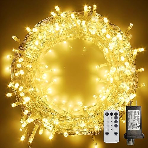 MEHOFOND Guirnalda de 300 luces LED de 105 pies, luces de Navidad parpadeantes amarillas cálidas enchufables, 8 modos, impermeables, decoraciones de