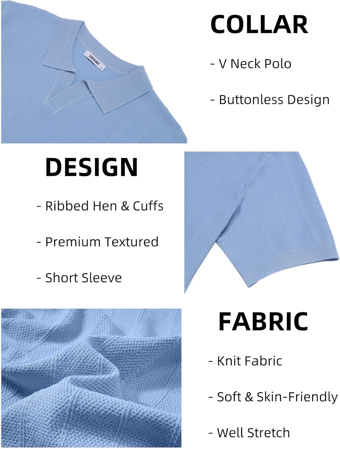 COOFANDY Mens Knit Polo Shirts V Neck Short Sleeve Ribbed Textured Polo Shirt Stretch Casual Golf Shirts Collared T Shirt - Image 6