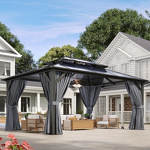 Vista 38 de Aoxun - Gazebo con techo rígido para jardines, patios con cemento o césped, pabellón permanente de policarbonato con doble techo, marco de aluminio
