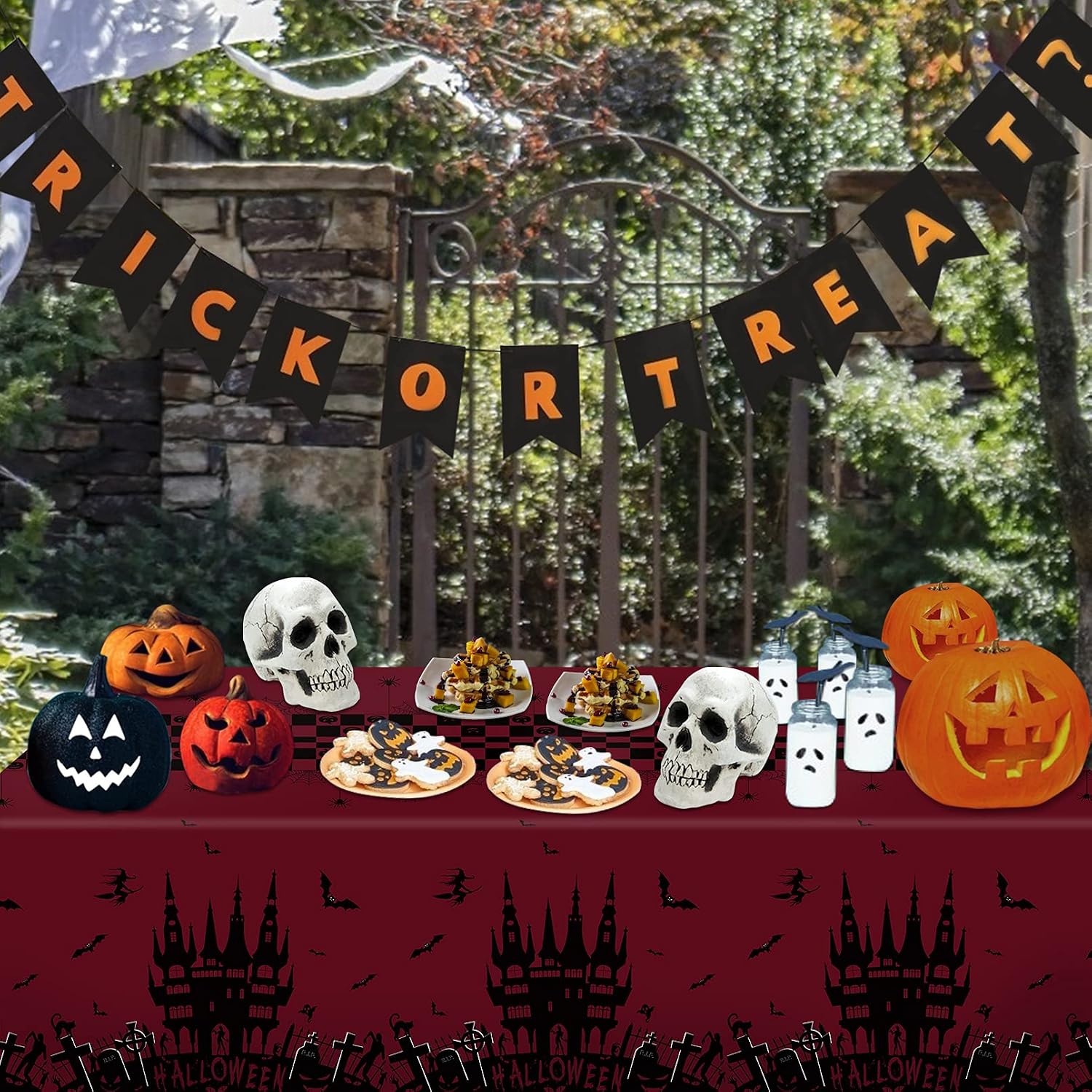 Halloween Tablecloth, 3 Pack Large Haunted Table Cover for Halloween Parties, Scary Plastic Haunted House Table Cloth for Halloween Decorations Indoor Outdoor Home Dinner Parties, 54x108inch- Red