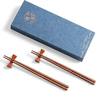 2 Pairs of 9.2 Inch Reusable Chopsticks, Concave-shaped Rest + Grooved Chop Sticks, Wood Reusable Chopstick for Adults, Chinese Wooden Chopsticks for Eating & Rests Present Set