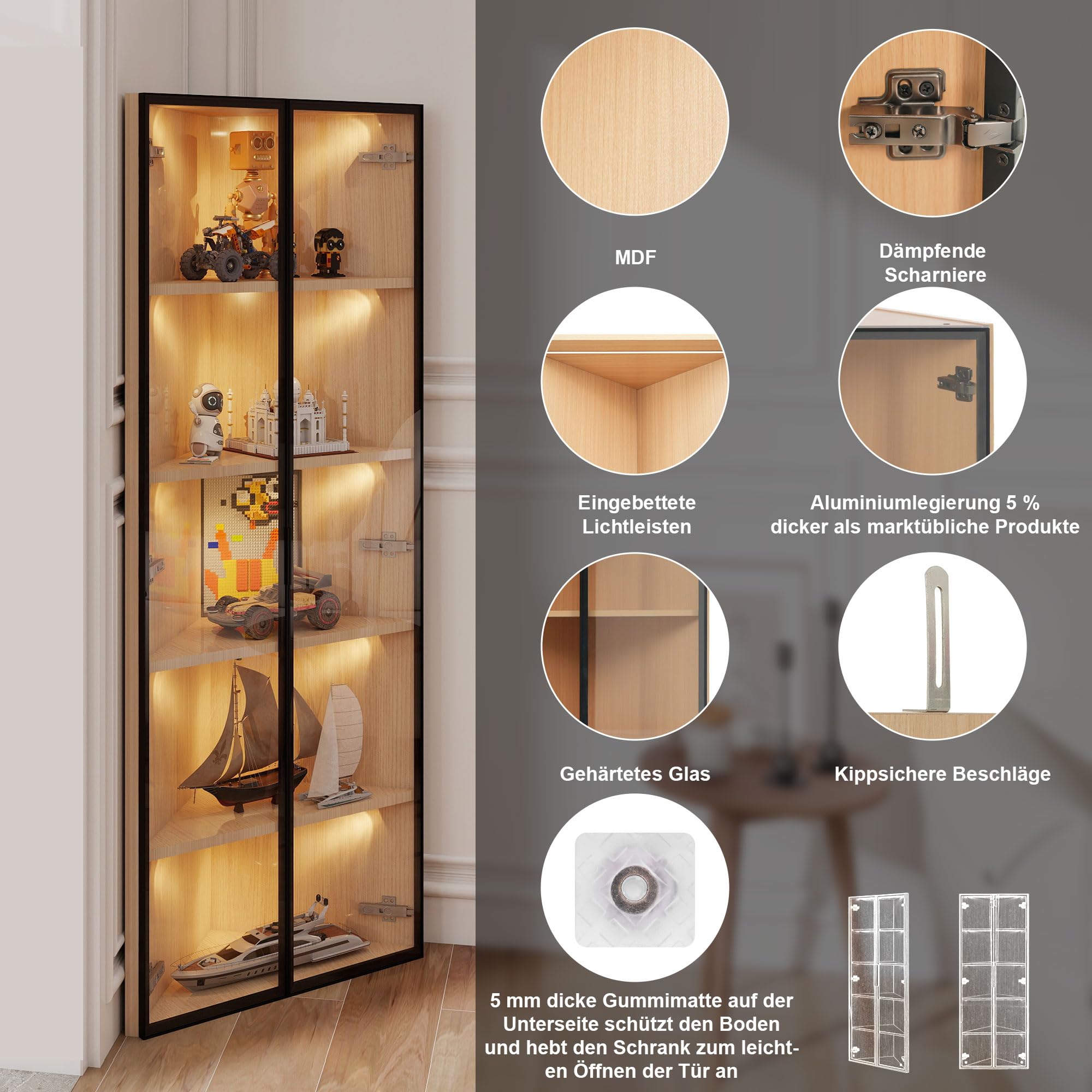 Soweiz Vitrina esquinera con puerta – Estantería para libros, armario de vino, armario de baño, vitrina de cristal LED, 62 x 35 x 160 cm, barra de luz integrada, armario de cristal templado a prueba
