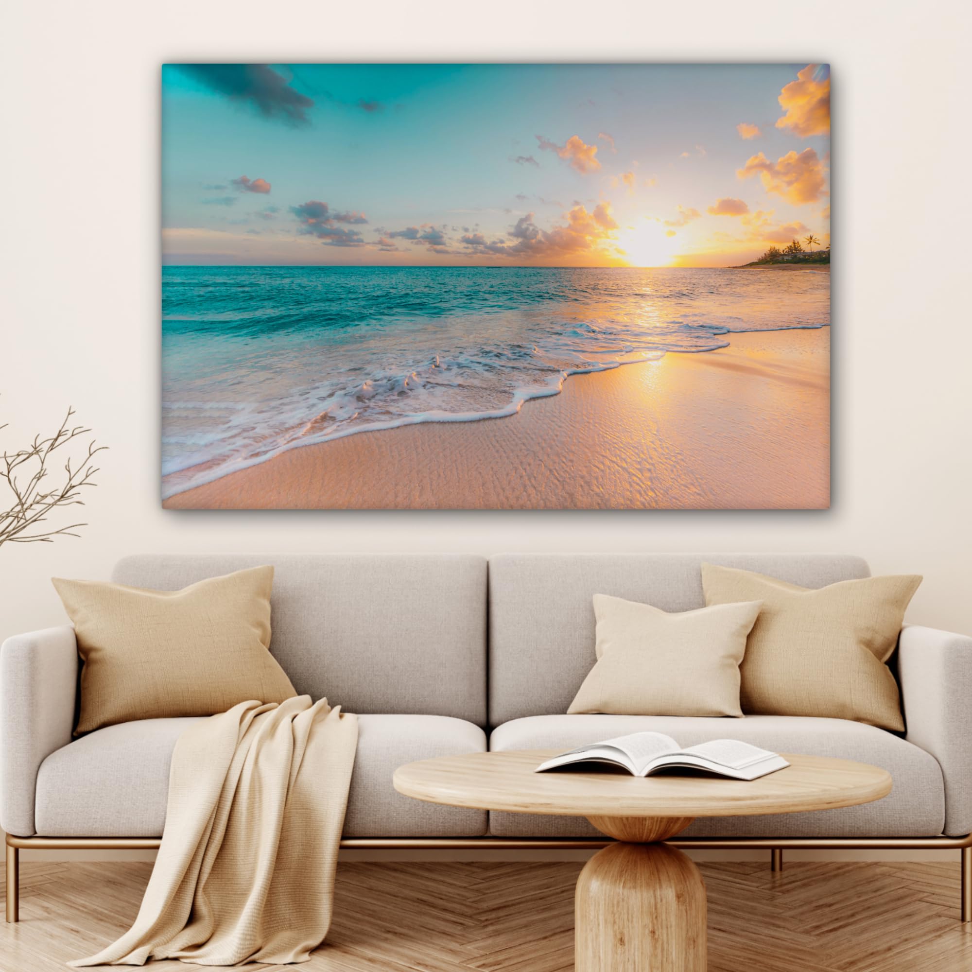 MuchoWow© Impressions sur Toile 120x80 cm Deco Tableau Murale Decoration Salon Peinture Tableaux Chambre Toiles Maison Coucher de soleil - Plage - Mer - Été - Bleu
