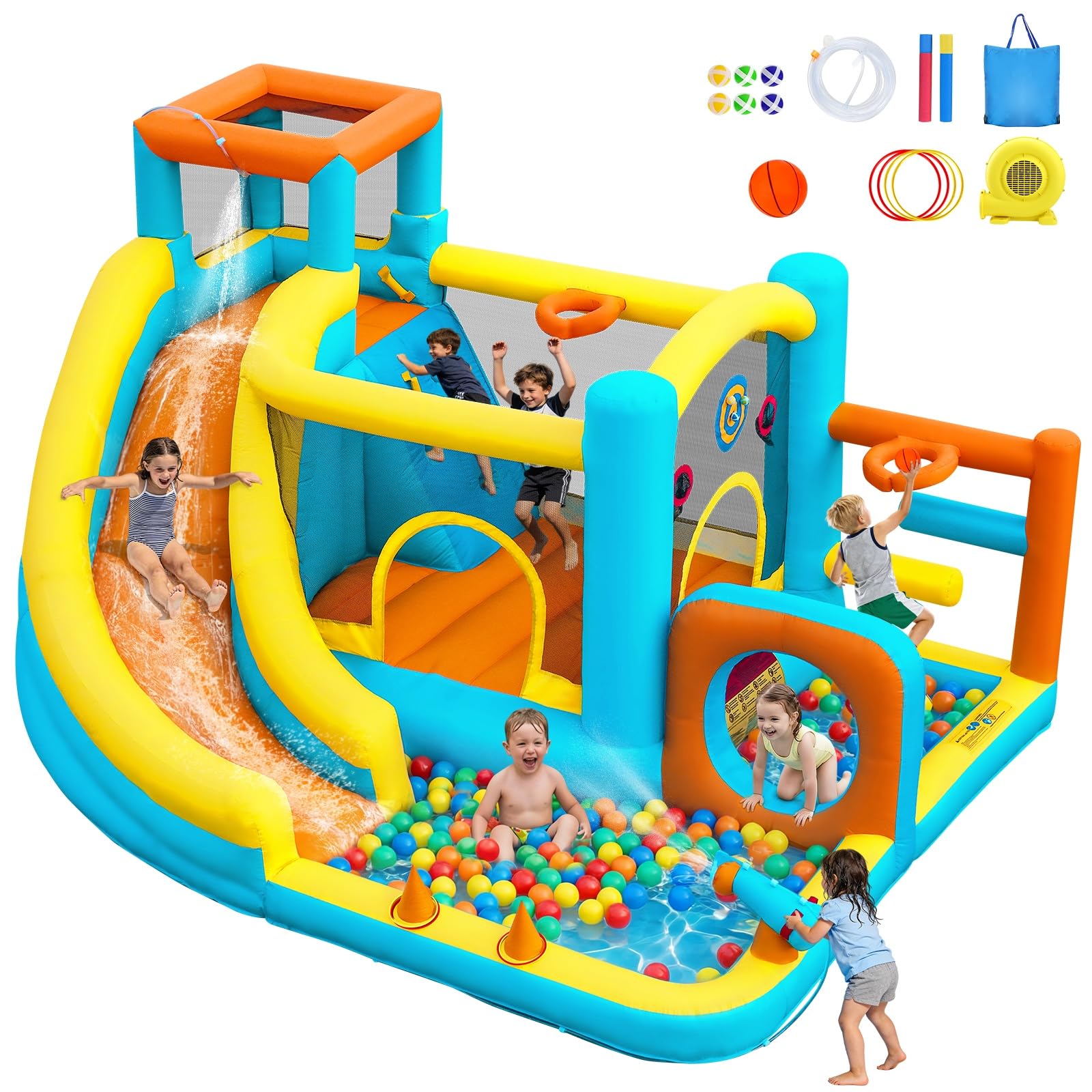 Castillo Hinchable con Tobogán Acuático, Soplador Incluido, Piscina de Bolas, Zona de Saltos y Rocódromo, para Uso Interior y Exterior, Ideal para Parques y Fiestas Familiares