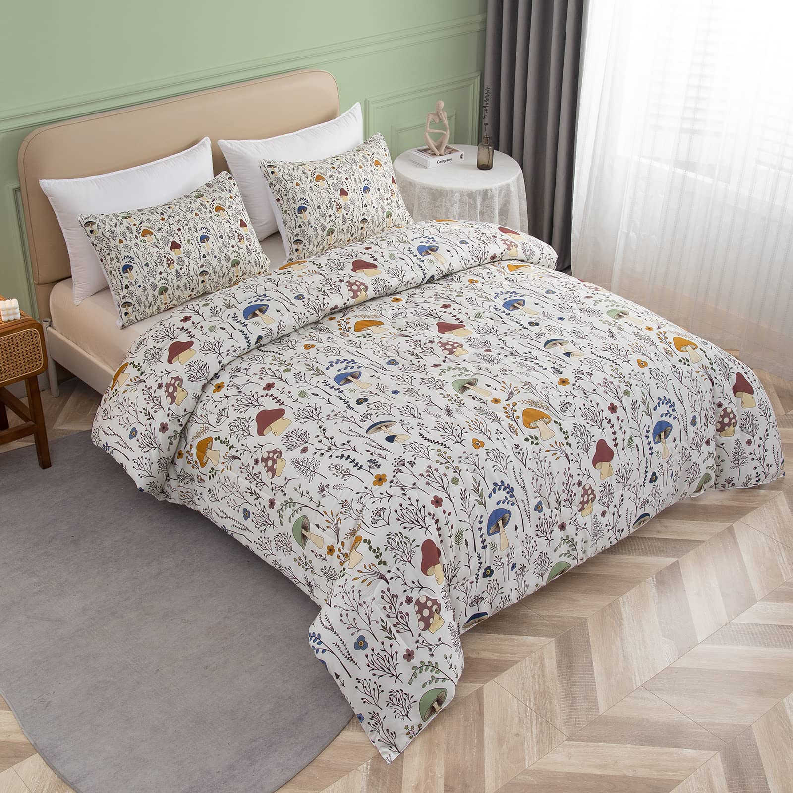 SOULZZZ Mushroom Comforter Set 3 Piece, Colorful Queen Bedding With Plants and Flowers, Aesthetic Cute Room Decor for Kids Adults Boys Girls, Queen, Cream