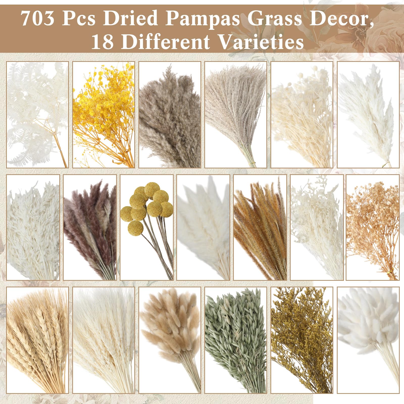 Nuanchu Getrocknetes Pampasgras, Dekoration, Boho-Blumenstrauß mit Hasenschwanz, Schilfgras für Hochzeit, Zuhause, Tisch, rustikales Bauernhaus, Party, Büro (Retro-Stil), 703 Stück