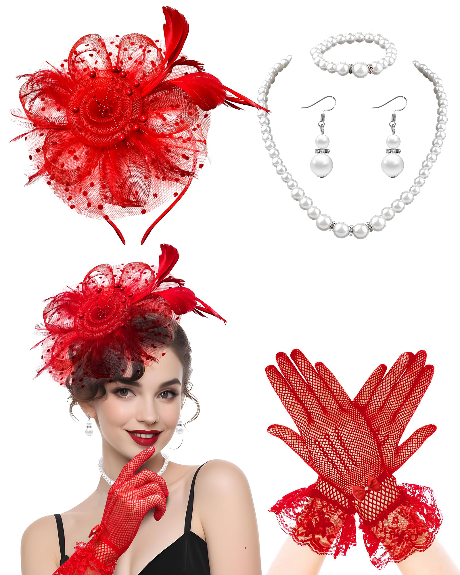 5Pcs Fascinators Hat for Women Tea Party Veil Mesh Headband Feather Hat for Women Veil Tea Party Hats