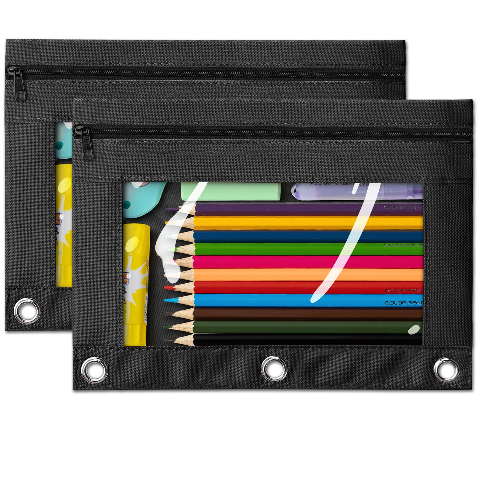 V-Opitos Pencil Pouch for 3 Ring Binder, 2 Pack 3-Holes Zipper Pencil Pouches, Sturdy and Durable Cloth Pencil Case with Clear Window for Office