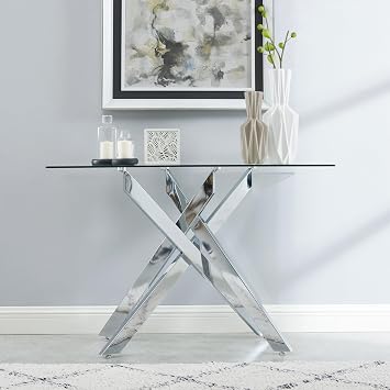 Modern Style Console Table with Tempered Glass Top and Metal Tubular Legs, 45" Lx18 Wx30 H, Silver