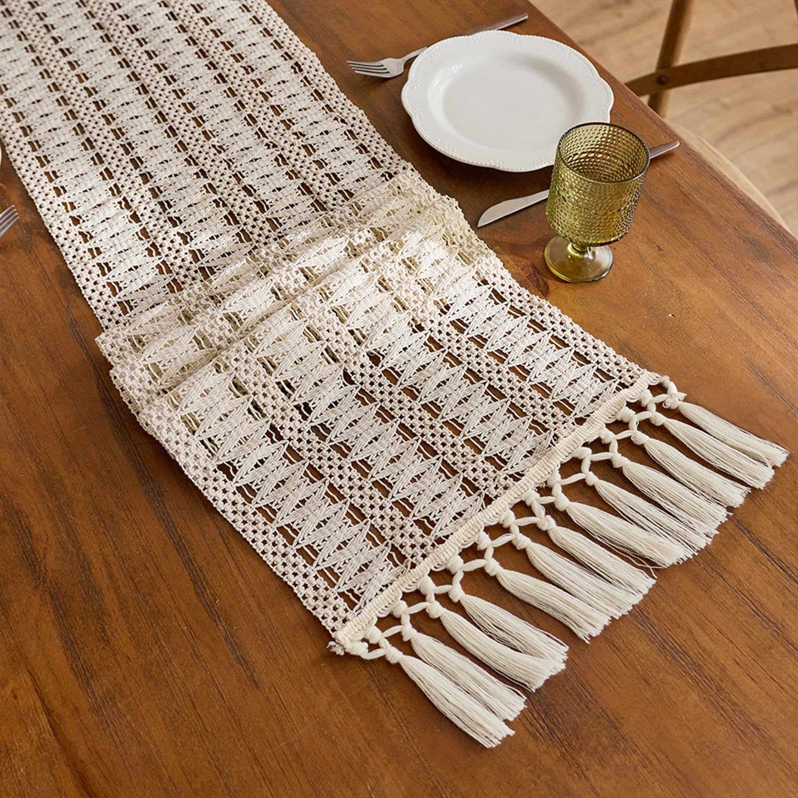 Camino de mesa decorativo de 118 pulgadas de largo, camino de mesa de comedor de algodón bohemio con patrón de rombos con borlas para fiestas de té y uso diario, beige, 12 x 118 pulgadas