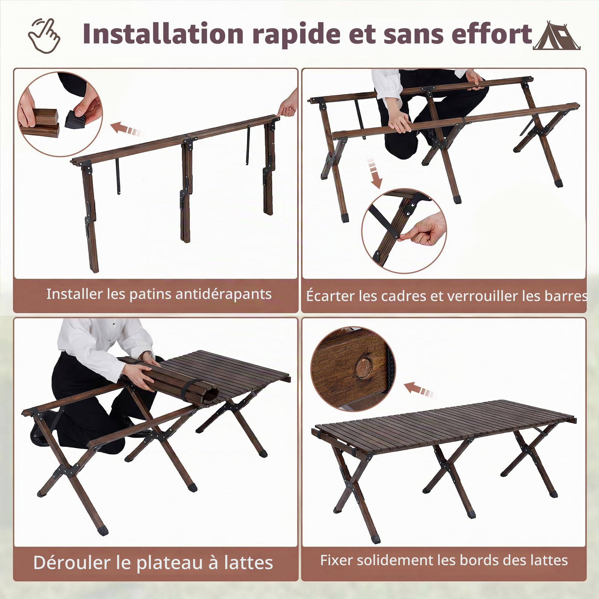 HOMASIS Table Pliante 4-6 Personnes en Bois de Pin, Table Pique Nique Enroulable Portable avec Sac de Transport&Cadre en X, pour Camping, Barbecue, Fête, Jardin, Charge 70kg, 122x60x45cm (Café)