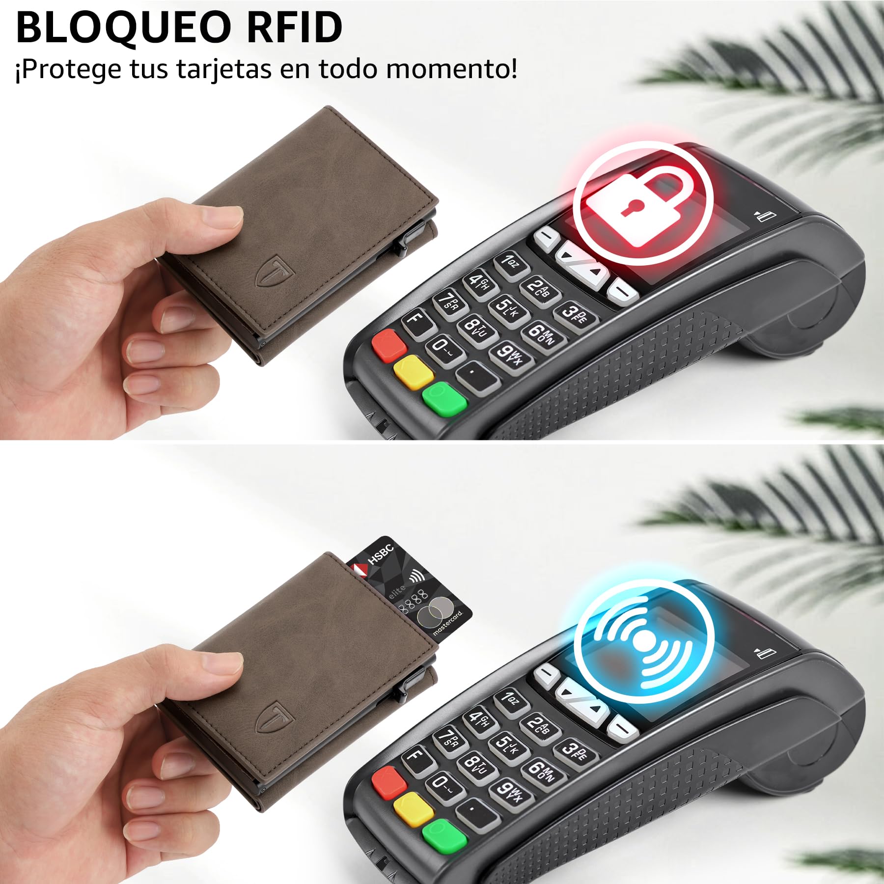 Cartera Hombre Cuero Bloqueo RFID Cierre Magnético Tarjetero 8 Ranuras Marrón