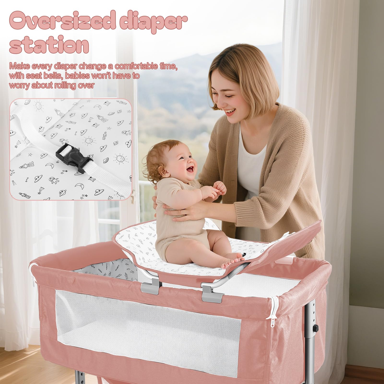 Lit bébé 4 en 1 Cododo réglable Hauteur Berceau Bascule avec Table à Langer Moustiquaire Rangement Rose