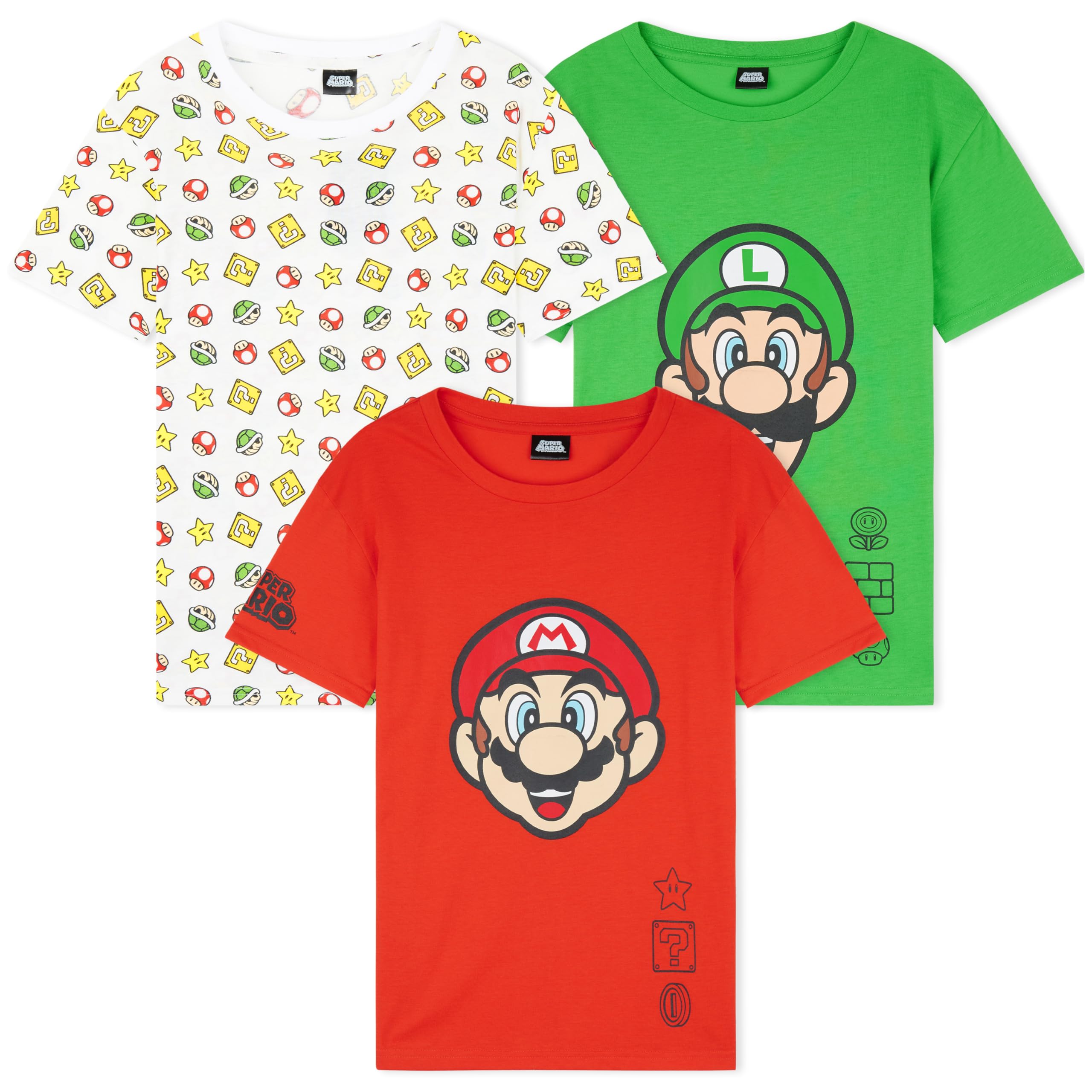 Super Mario - Maglietta per ragazzi, confezione da 3 magliette a maniche corte con grafica, maglietta estiva a girocollo, regalo Mario Luigi per ragazzi 5-14