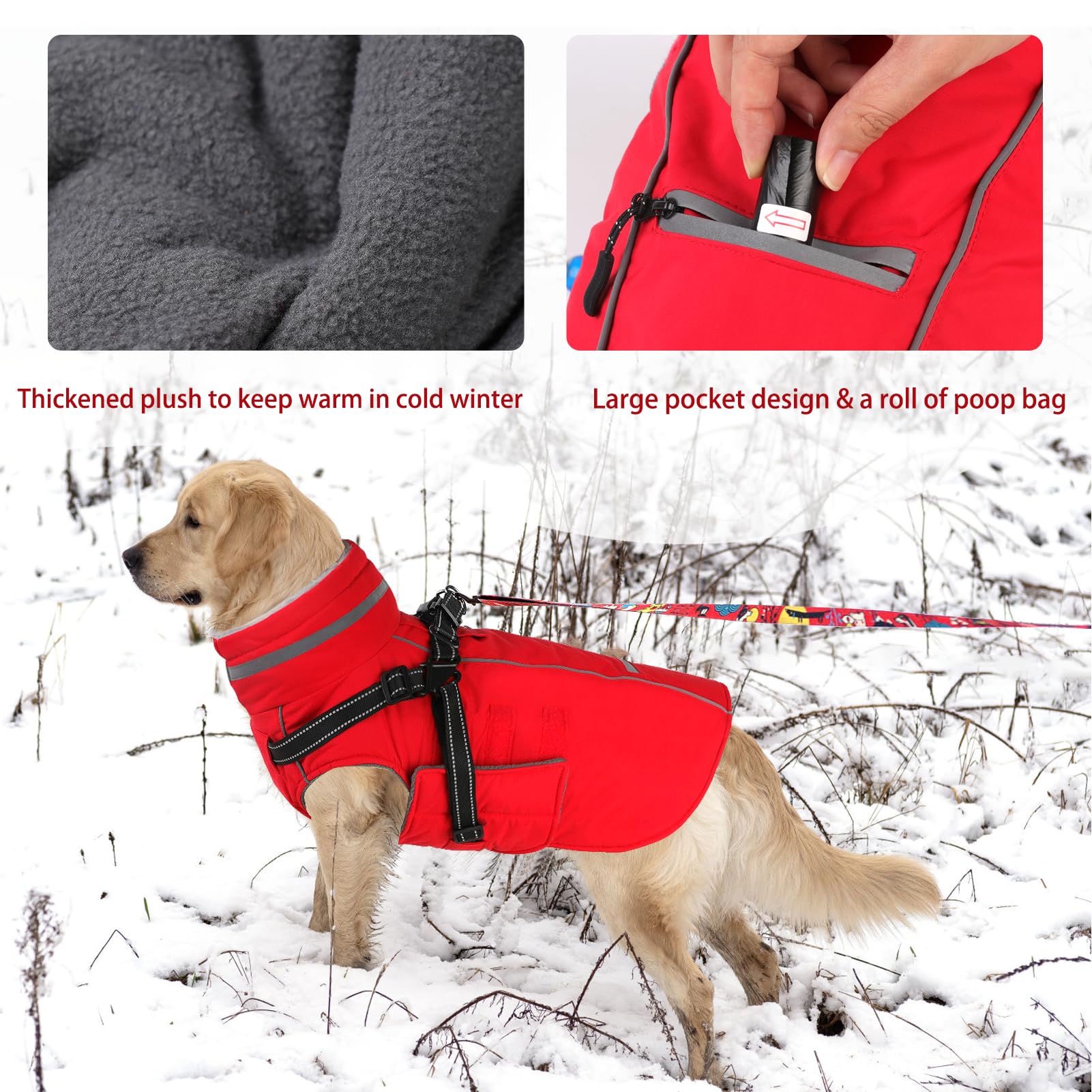 Doglay - Giacca per cani con imbracatura integrata, impermeabile giacca invernale per cani con tasca e un rotolo di sacchetto per la cacca, giacca riflettente regolabile per cani