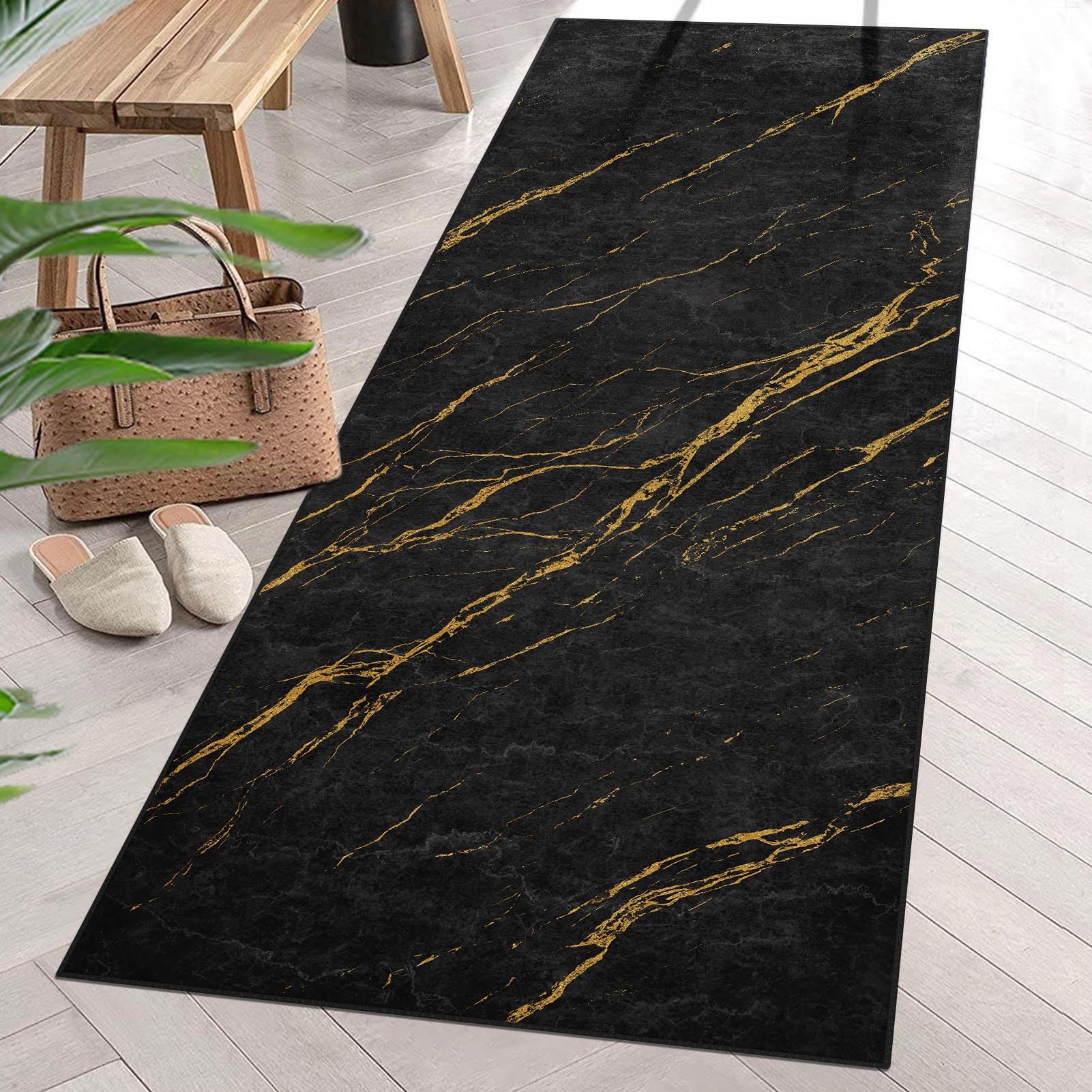 ArtSocket Area Rug Marble Black Gold Entry Runner Rug 2'6"x8' Non-Slip Washable Indoor Door Mat Carpet for Bedroom Kitchen Entryway Laundry Living