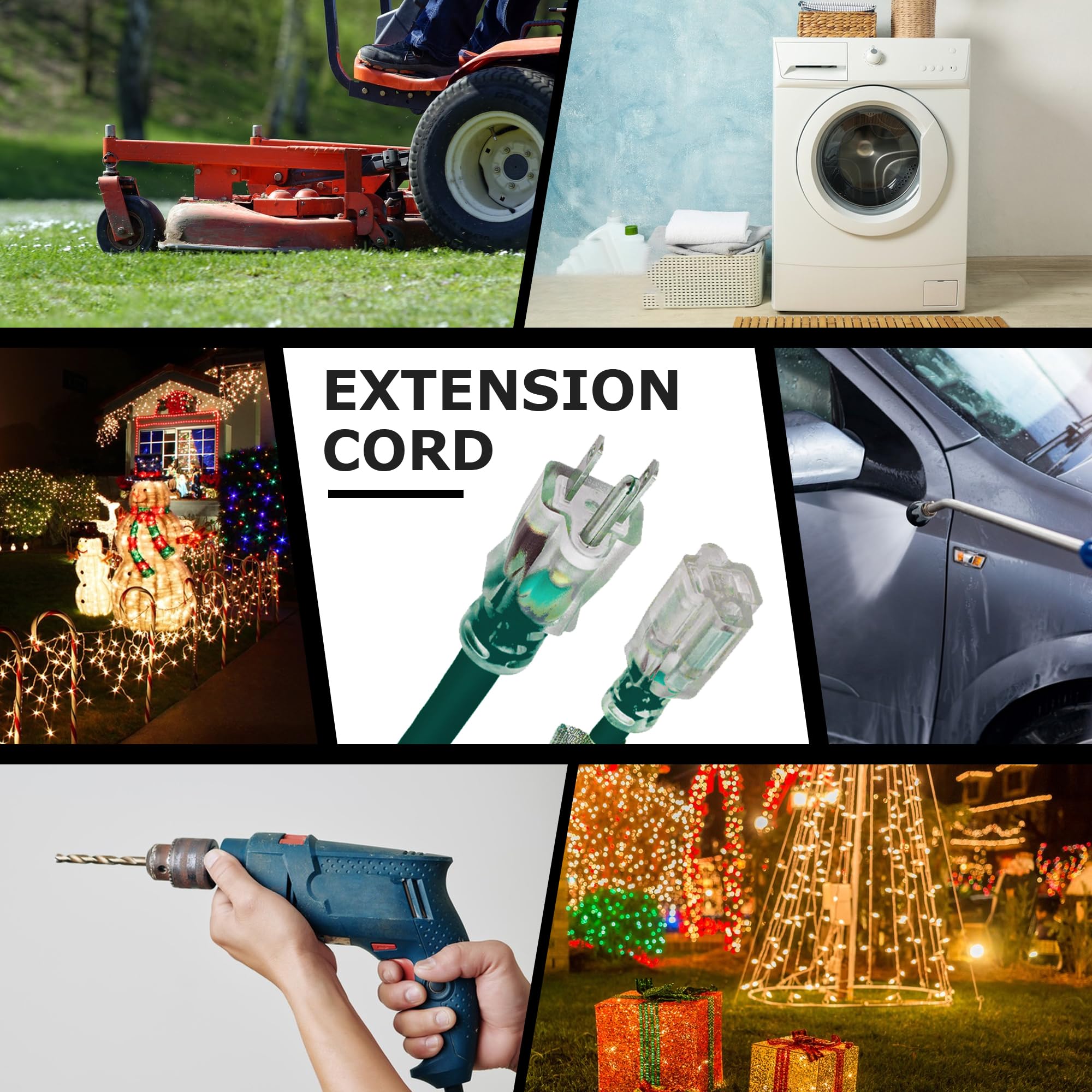 YOJOE - Cable de extensión verde iluminado para exteriores de 15 pies, cable de extensión SJTW de 16/3 con enchufe de tierra de 3 clavijas, cable de extensión de calibre 16 para jardín, césped,