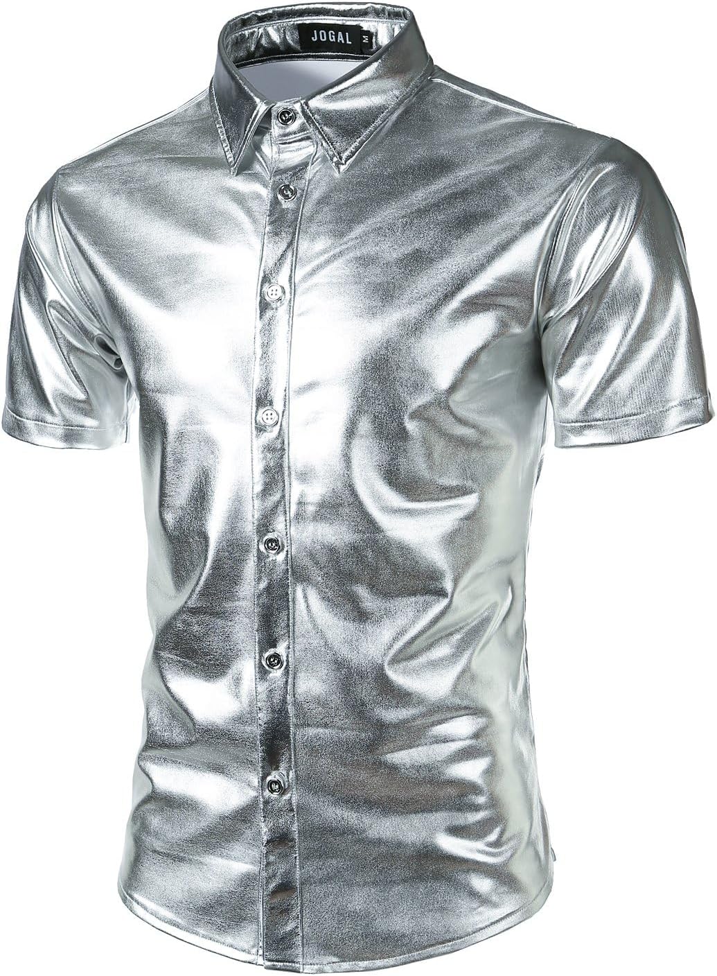 Men's 70s Disco Shiny Metallic Gold Silver Short Sleeve Button Down Shirt