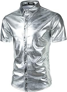 Men's 70s Disco Shiny Metallic Gold Silver Short Sleeve Button Down Shirt - Buy now
