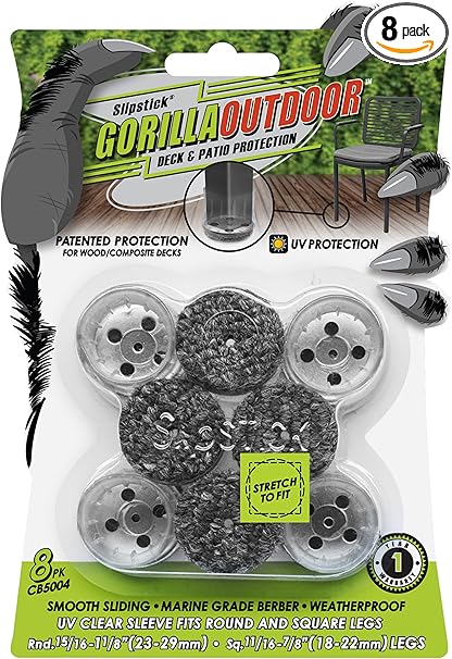 Slipstick GorillaOutdoor Berber Furniture Feet Pads with Clear Sleeve Sock (8 Pack) Outdoor Furniture Sliders for Round & Square Legs, Small