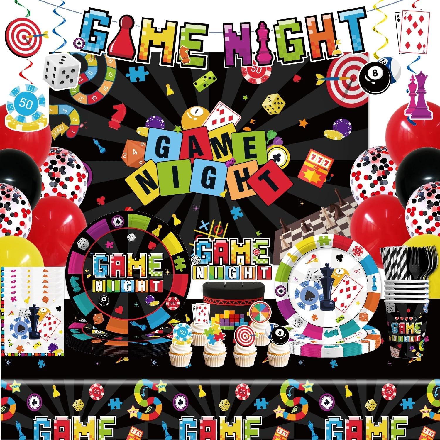 205Pcs Game Night Decorations Tableware, with Cake Toppers, 25 Serves Disposable Tableware Set, with Banner, Plates, Napkins, and Cups, Tablecloth for Family Game Night Party Decorations