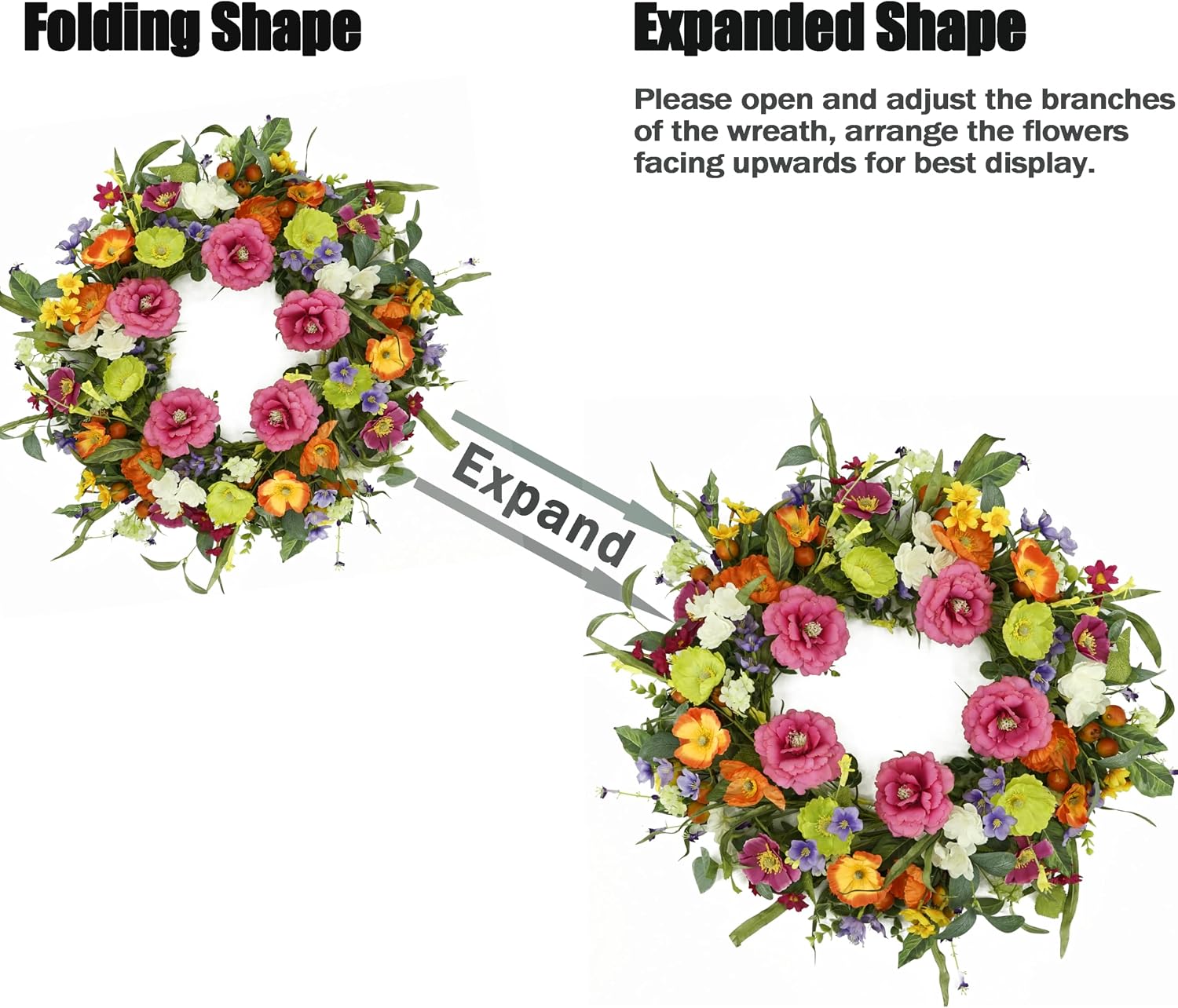 Artificial Spring Summer Wreaths for Front Door Peony Wreath Colorful Floral Wreath with Peony,Daisy,Poppy Flower Lavender for Indoor Outdoor Farmhouse Home Wall Window Festival Decoration