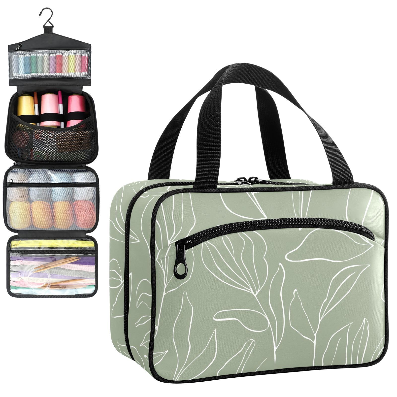 YNNALE Sewing Supply Organizer Bag, Sage Green Boho Minimalist Portable Sewing Bags with Pockets&Hanger, Sewing Storage Box Case for Sew Supplies/Kit/Tools/Accessories (BAG ONLY)