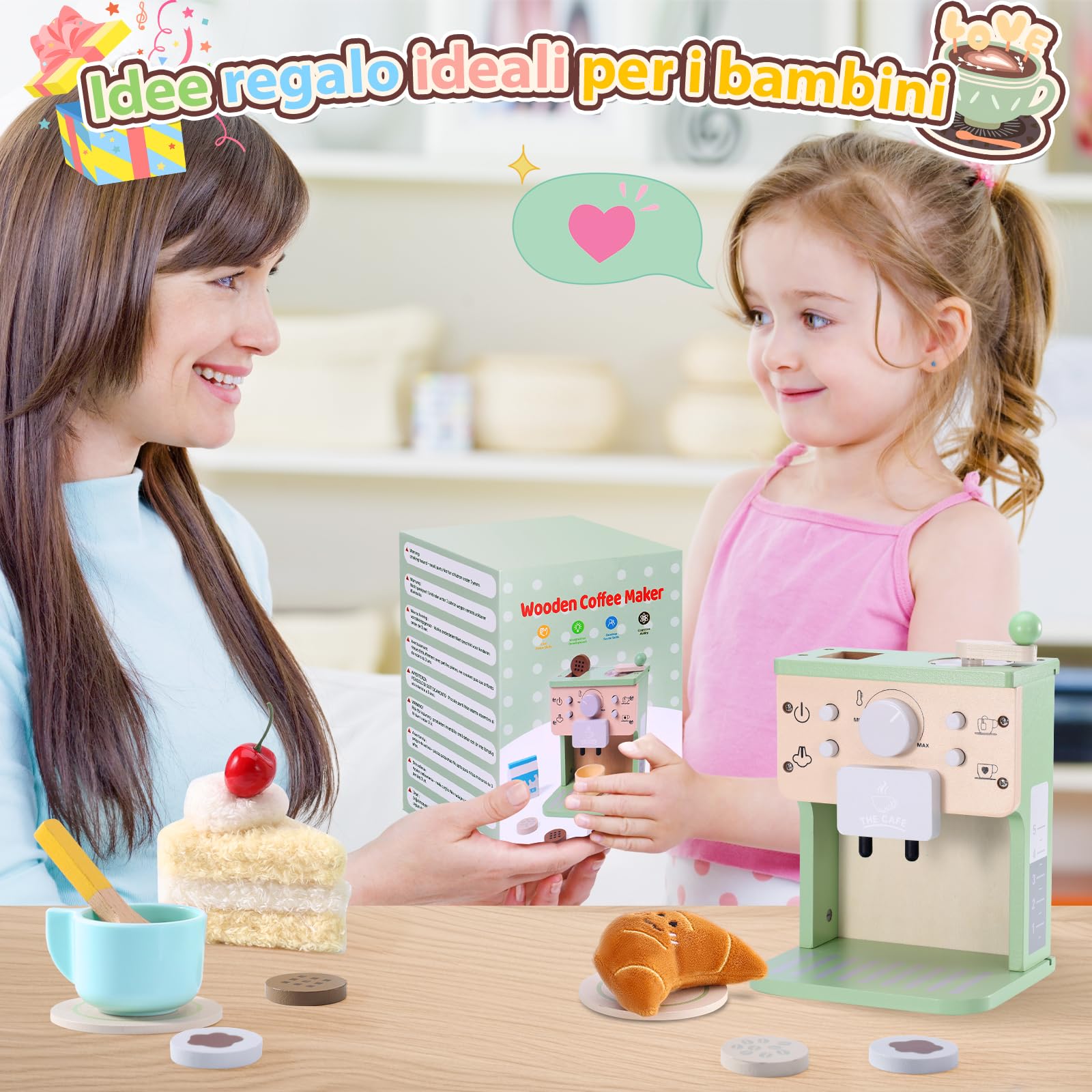 VBACALA Macchina da Caffè in Legno per Bambini,14 Pezzi Macchina da Caffè Espresso con Suoni e Bottoni,Accessori Cucina Bambini in Legno,Torta e Croissant in Tessuto,Regalo adatto a bambini dai 3+anni