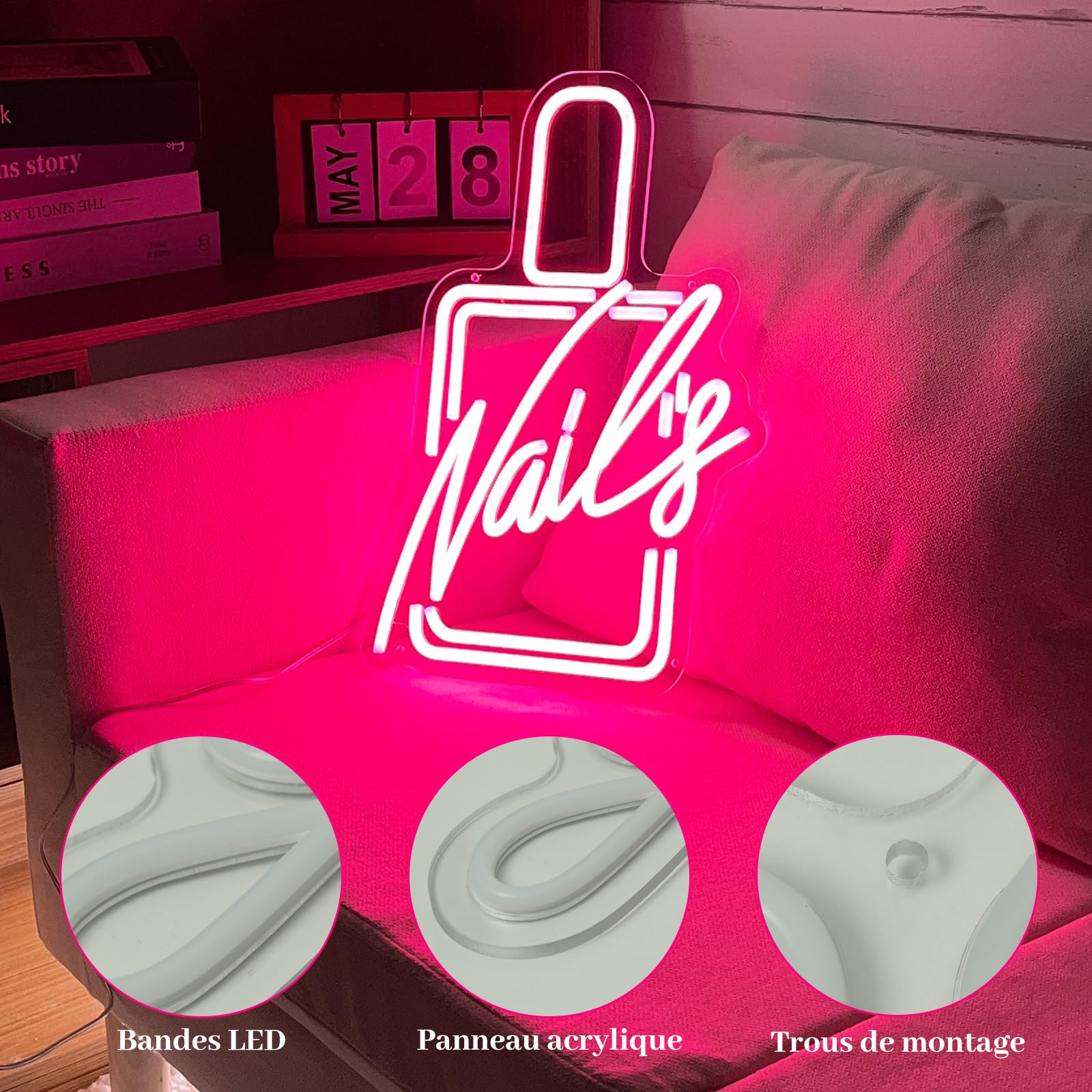 Enseignes Lumineuses Nails LED Neon Wall Decoration Sign Rose Neon Signs Night Lights pour Décoration Murale, Chambre,Magasin de Manucure(26 x 40cm)