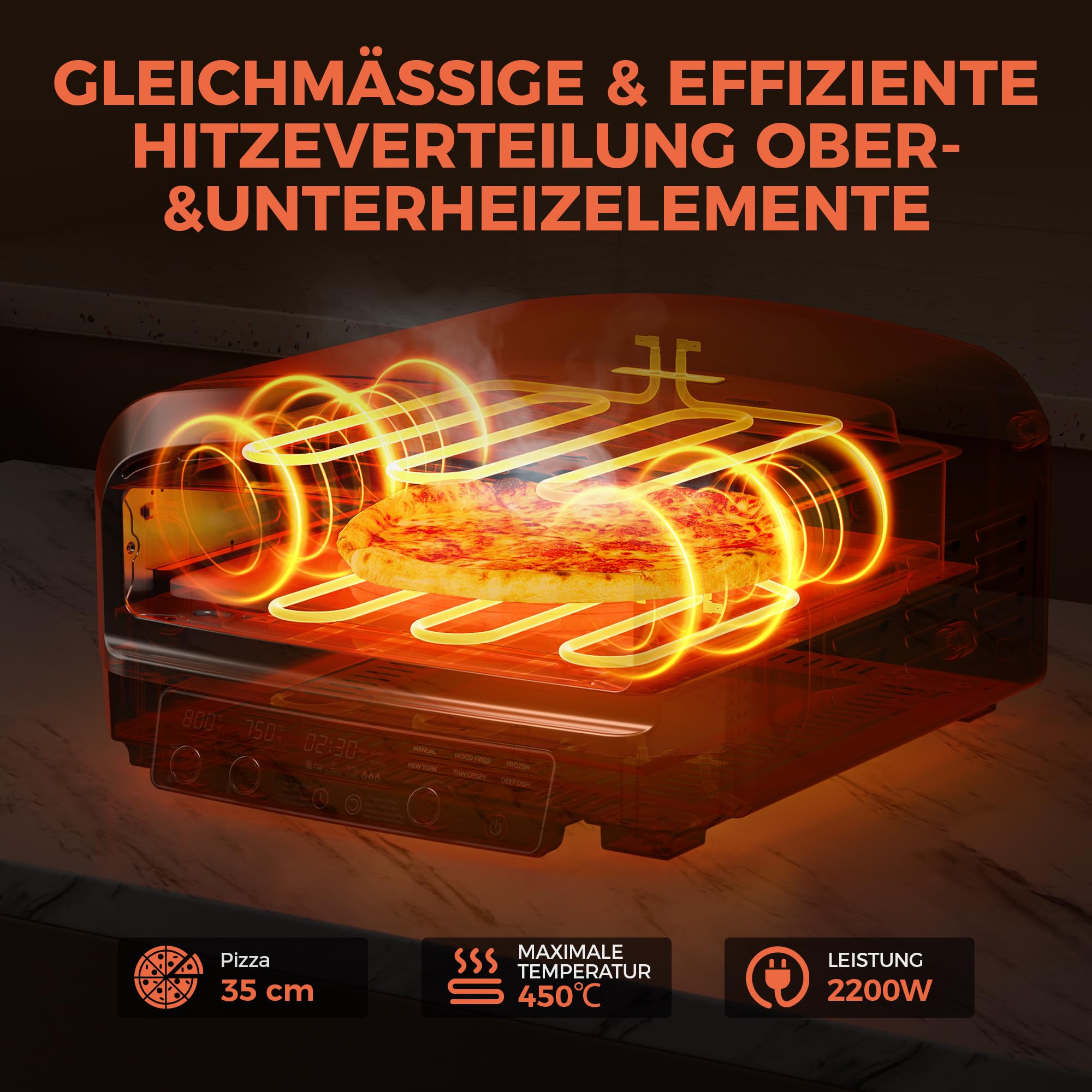 BIG HORN OUTDOORS Pizzaofen für den Innenbereich, 35 cm Elektro-Tischpizzaofen mit 6 voreingestellten Modi, perfekte Pizza-Backmaschine für zu Hause, Pizzaofen mit Pizzastein und Pizzaschaufel