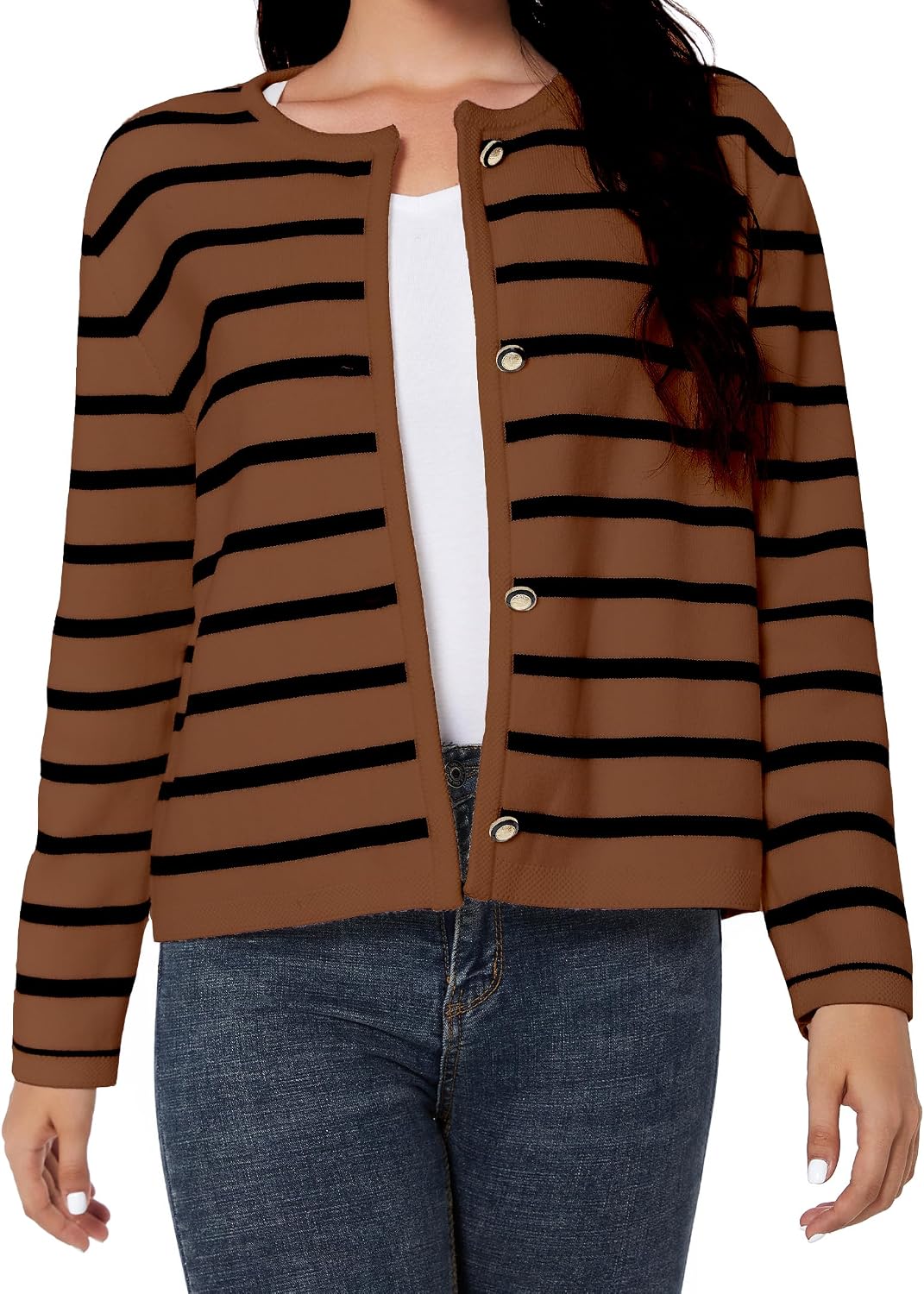Women's Striped Cardigan Sweater Trendy Long Sleeve Button Down Crewneck Knit Cardigans image 4