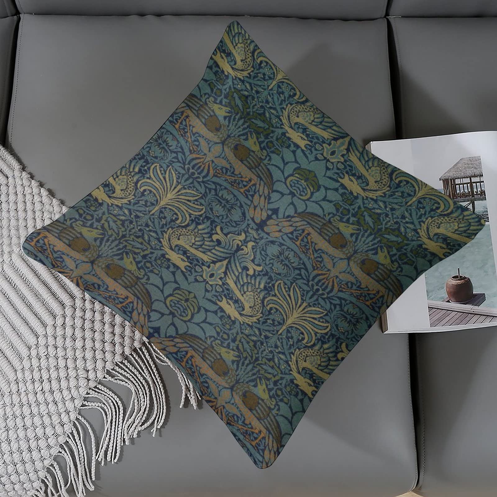 Amazon.com: Satin Square Throw Pillow Covers Blue Vintage Floral