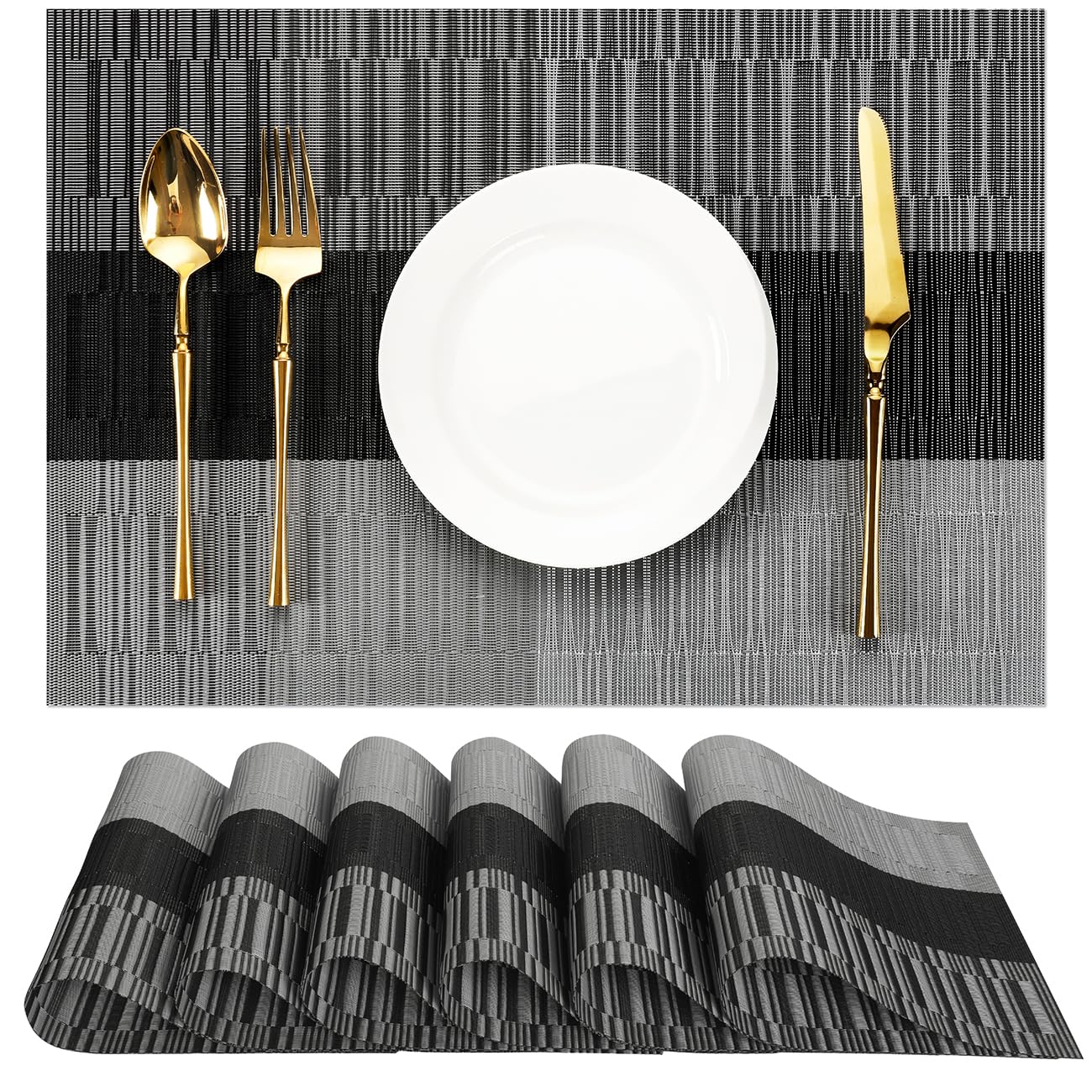 Chitomars Placemats Set of 6, Vinyl Woven Place Mats Indoor Set of 6 Washable Wipeable PVC Table Mats Heat-Resistant Non Slip Plastic Placemat for Kitchen Dining Outdoor Table (Grey Black, Set of 6)
