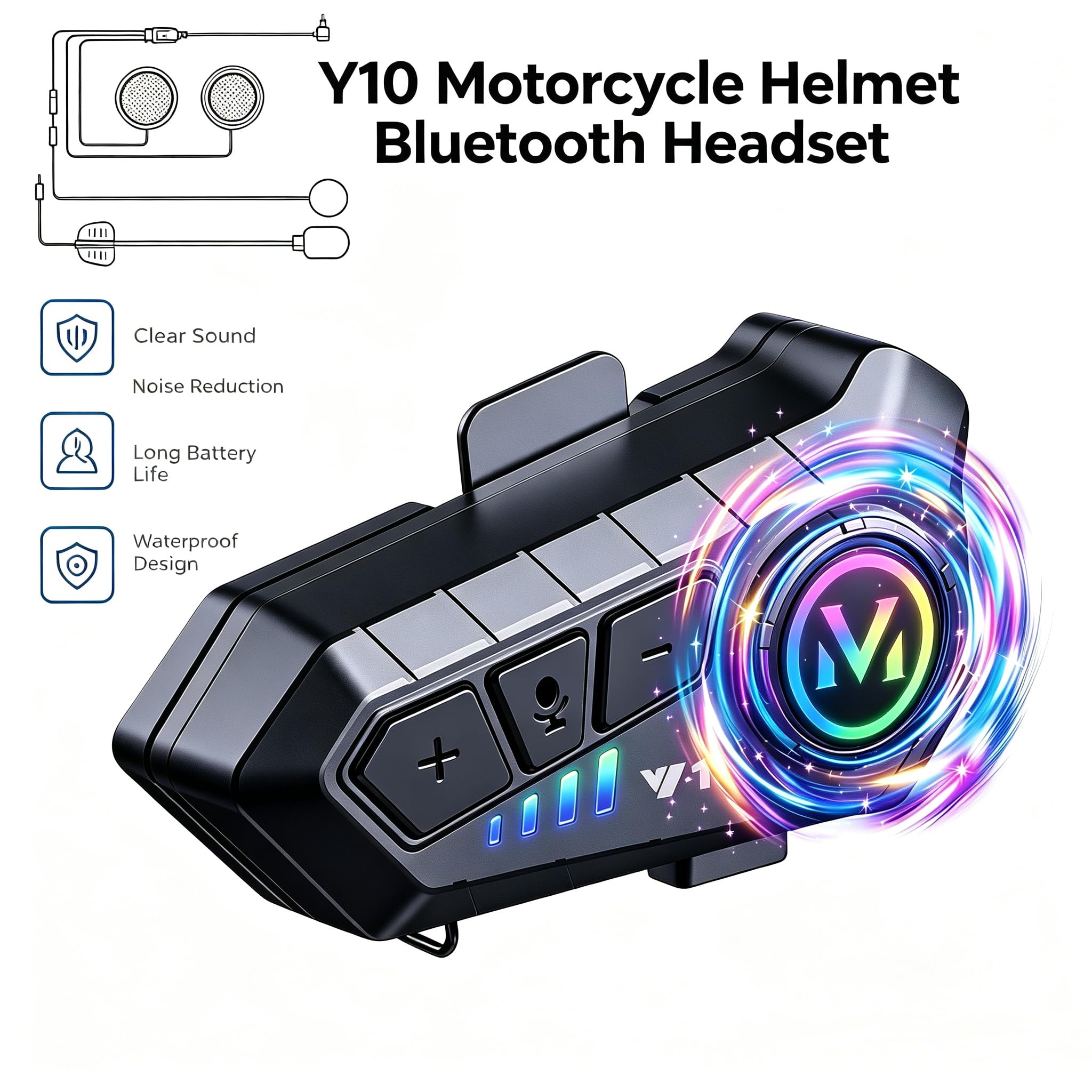 Y10 Casco Moto Auricolare Bluetooth 5.3 Cuffie Bluetooth Riduzione del Rumore Intelligente Livello HiFi Qualità del Suono Livello IPX6 Impermeabile 2 Diversi Tipi di Microfono Compatibile